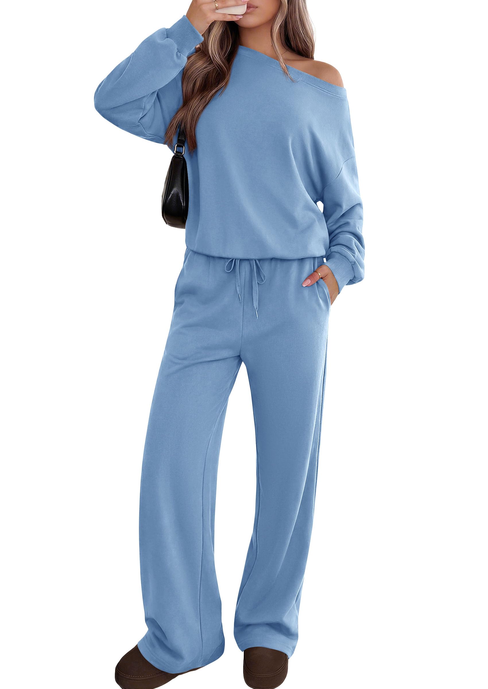 PRETTYGARDEN Womens 2 Piece Casual Matching Lounge Sets Fashion Off the Shoulder Sweatshirt, Wide Leg Pants with Pockets, Comfy Airport Travel Outfit,Trendy Fall Set