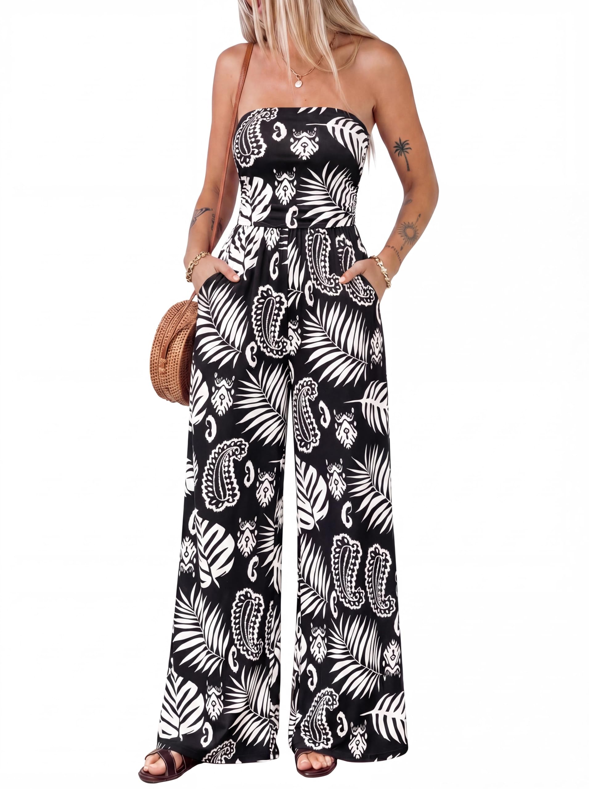 BTFBM Jumpsuits For Women Casual Floral Strapless Jumpsuit Wide Leg Rompers Beach Vacation Clothes Summer Outfits