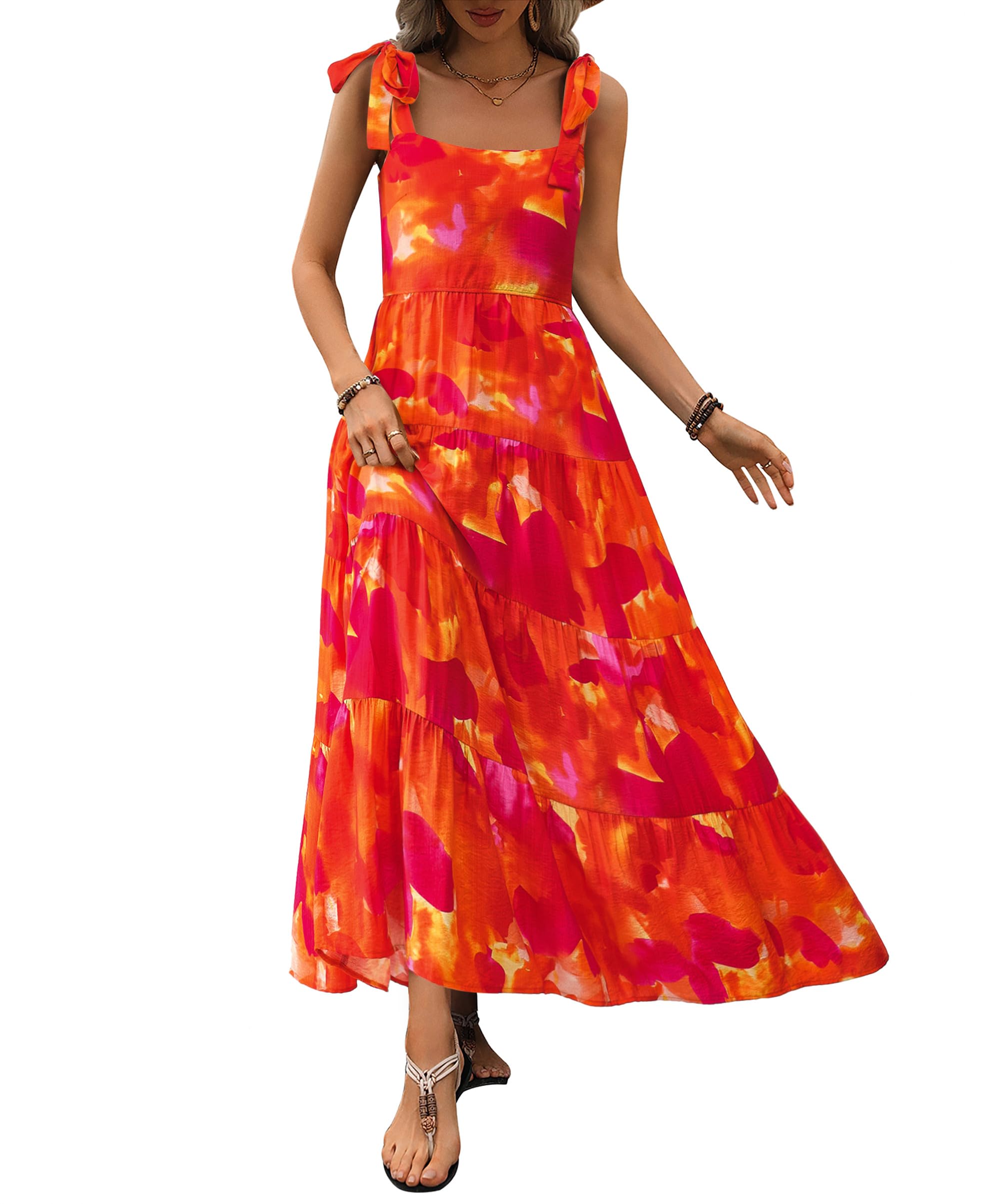 PRETTYGARDEN Women Dresses Summer Floral Sleeveless Maxi Dress Casual Spaghetti Strap Tiered Flowy Beach Long Dress