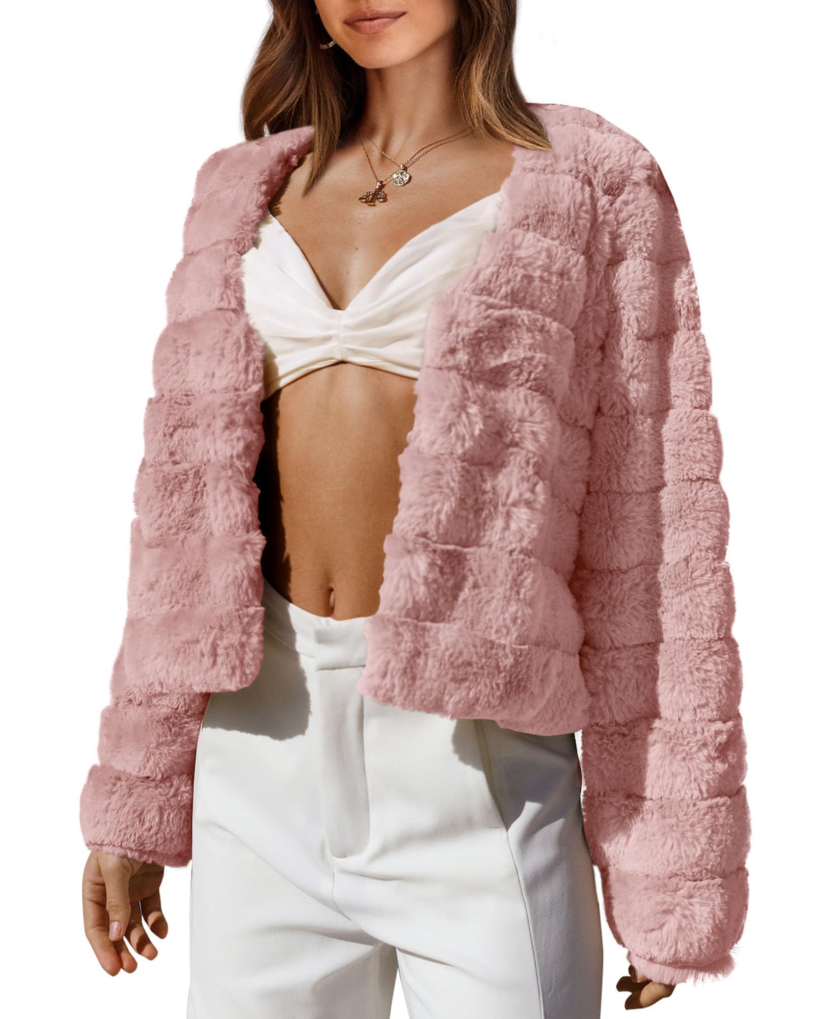 FreshPretty Winter Coats For Women Faux Fur Jacket Soft Long Sleeve Fluffy Open Front Outerwear Fall Outfits