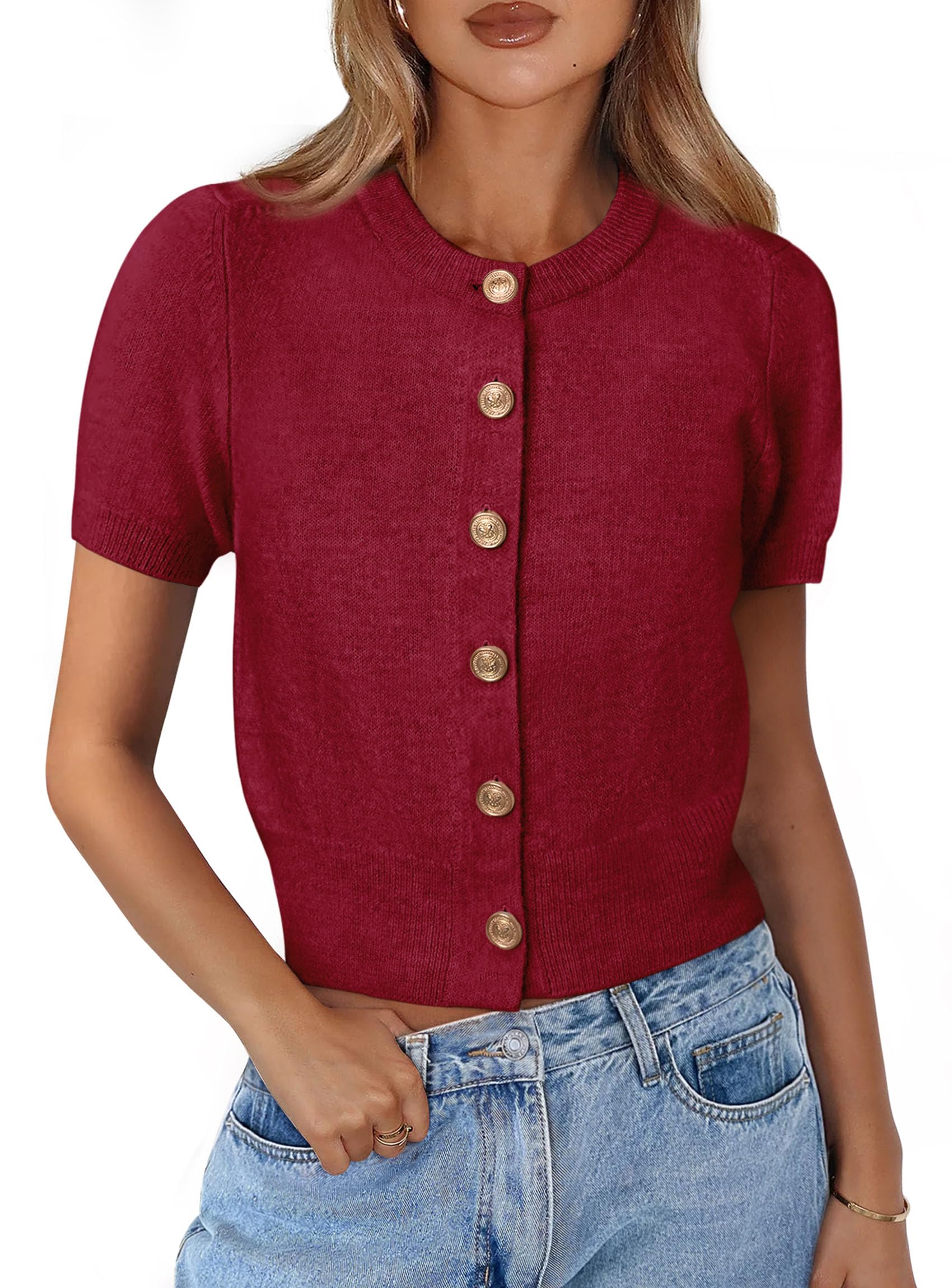 PRETTYGARDEN Womens Casual Summer Short Sleeve Cardigans Button Down Knitted Sweater Basic Crew Neck Crop Tops