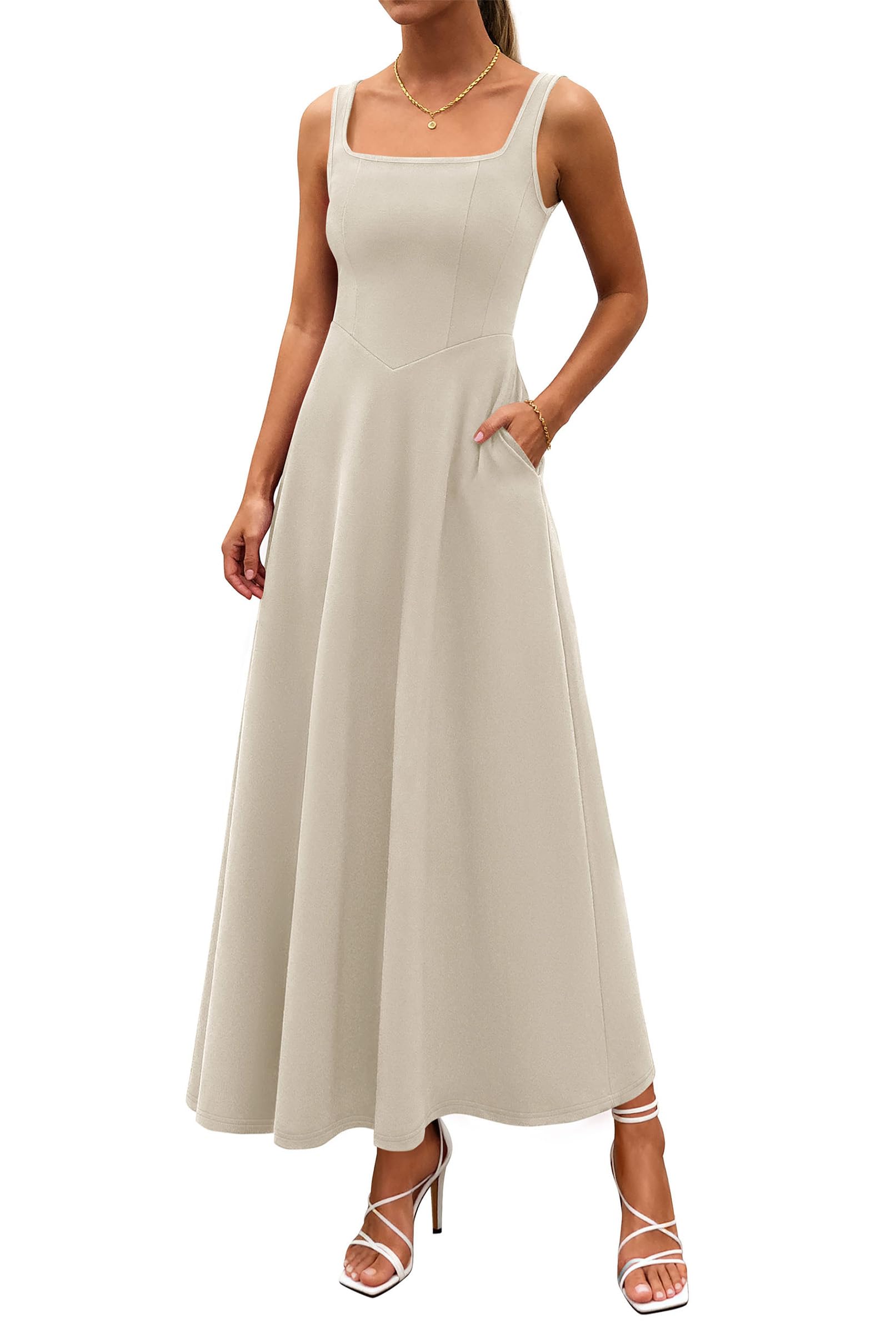 PRETTYGARDEN Womens Summer Dresses Sleeveless Elegant Square Neck Aline Swing Maxi Beach Wedding Guest Dress Pockets