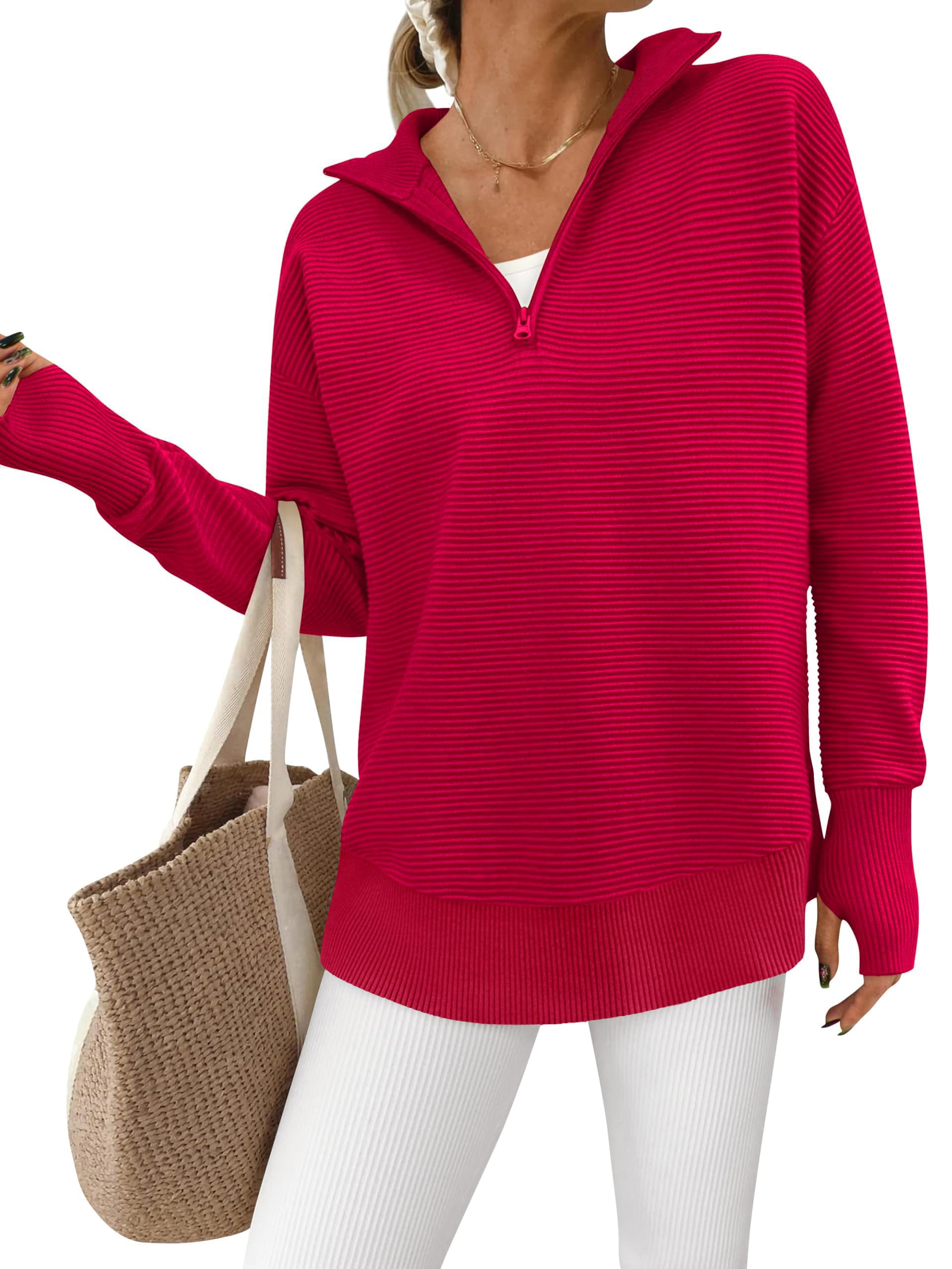 PRETTYGARDEN Womens Long Sleeve Quarter Zip Pullover Sweater Casual Loose V Neck Collared Ribbed Knit Jumper Tops Thumb Hole
