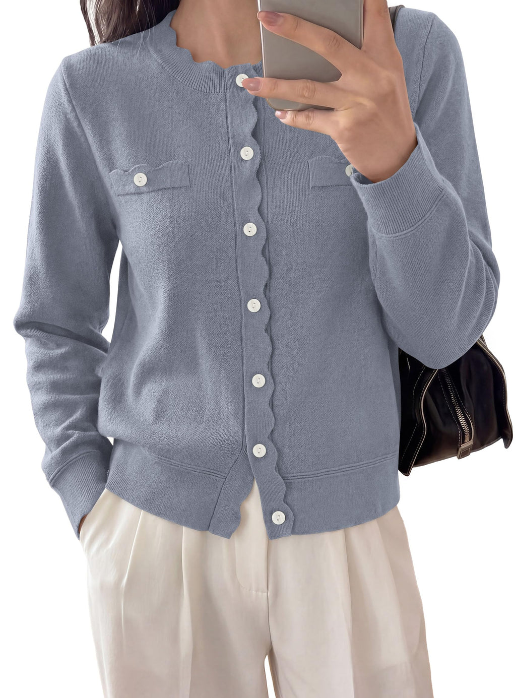 PRETTYGARDEN Cardigan Sweaters for Women Scalloped Button Up Fall Outfits Soft Knit Long Sleeve Knit Tops,Crew Neck,Business Casual Outfits,Office Work Lightweight Sweater,Layers Clothes