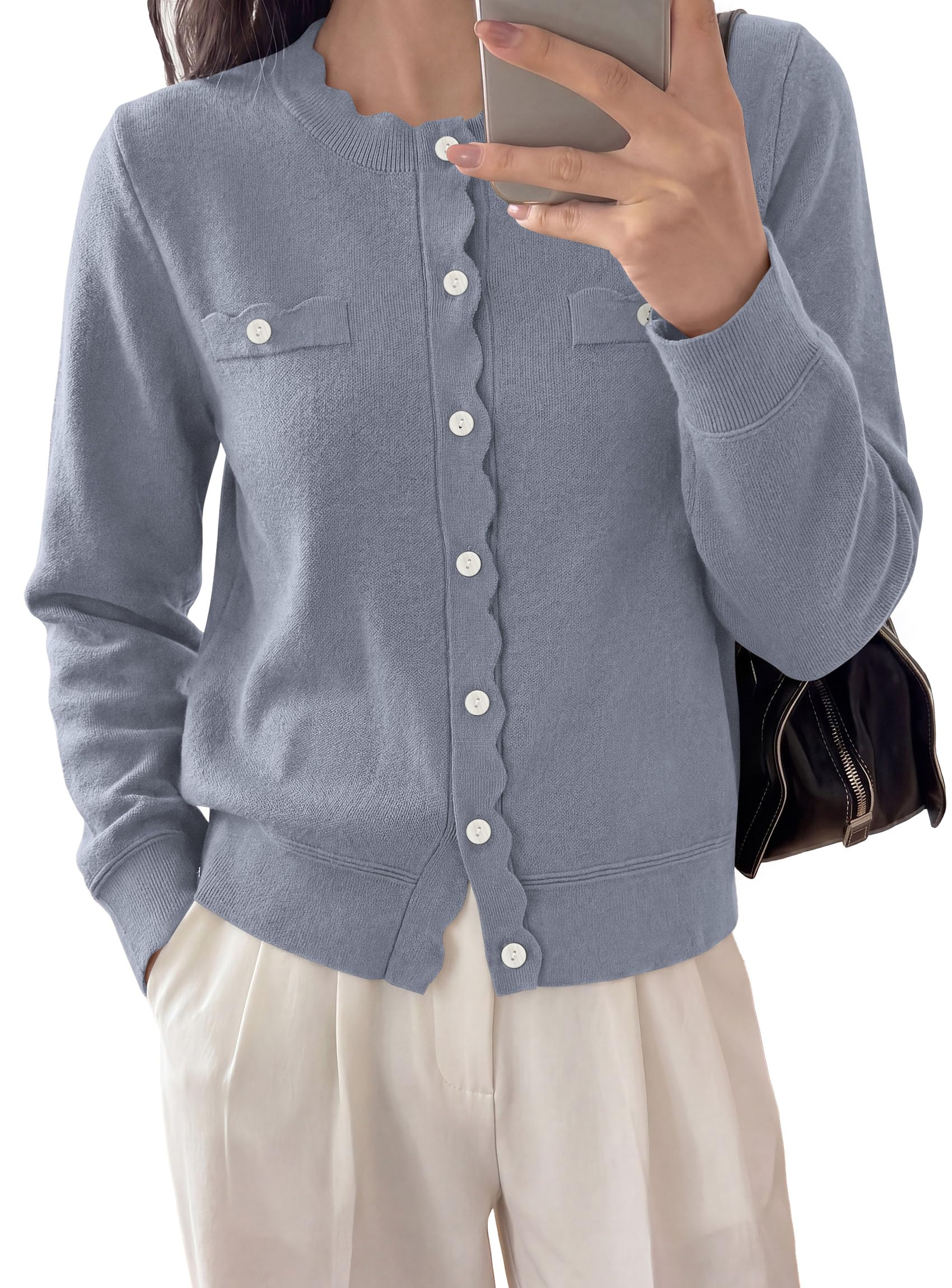 PRETTYGARDEN Cardigan Sweaters for Women Scalloped Button Up Fall Outfits Soft Knit Long Sleeve Knit Tops,Crew Neck,Business Casual Outfits,Office Work Lightweight Sweater,Layers Clothes