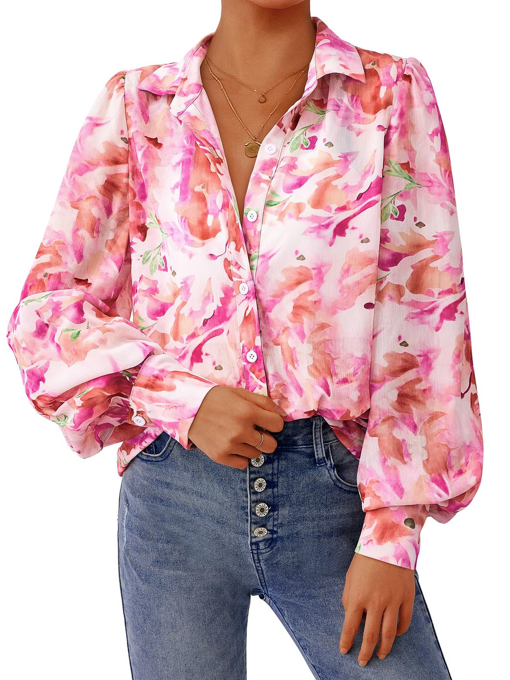 PRETTYGARDEN Women's Floral Blouses Dressy Casual V Neck Button Down Shirts Lantern Long Sleeve Boho Chiffon Spring Tops