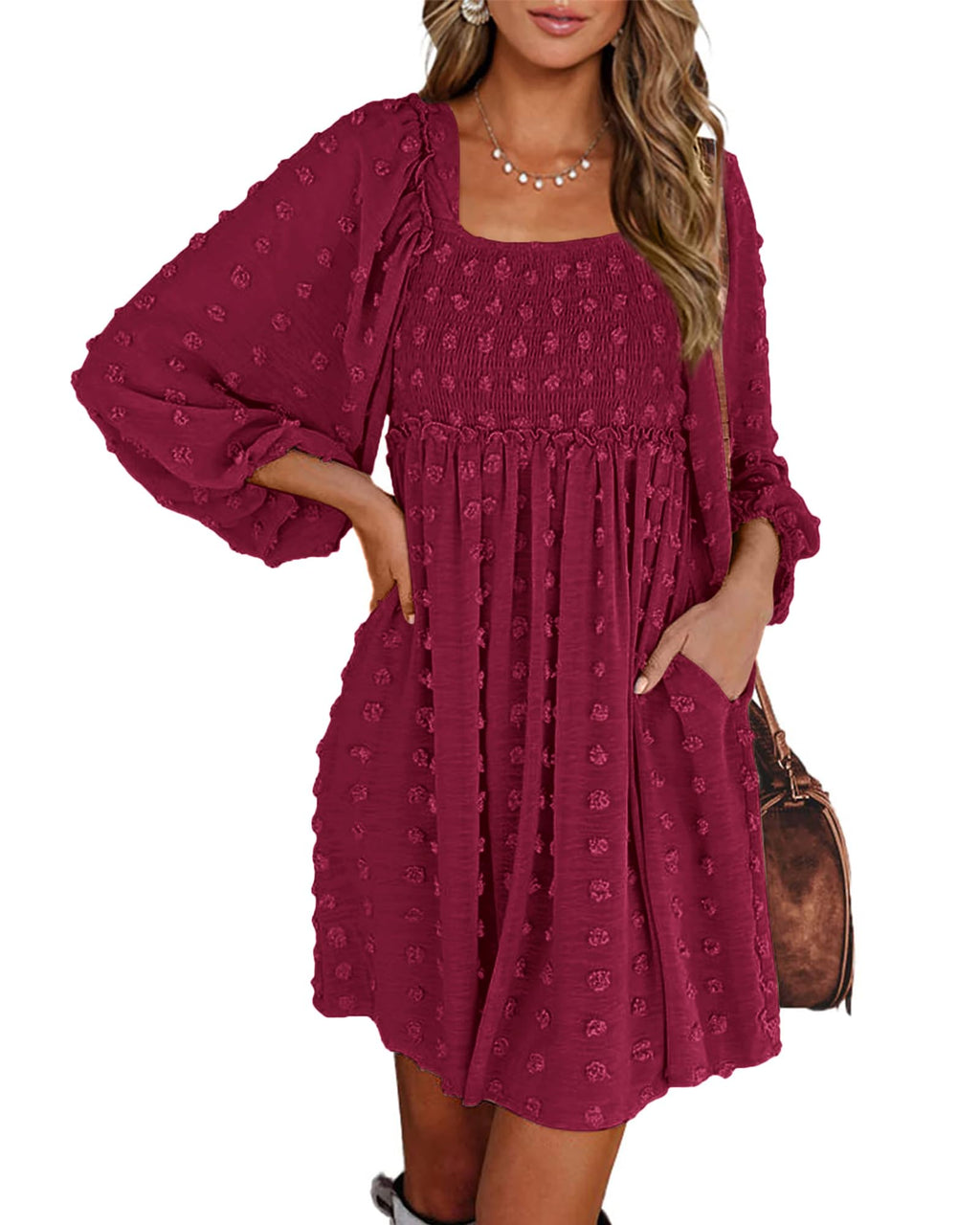 BTFBM Womens Long Sleeve Dress Summer Vacation Square Neck Smocked Floral Mini Boho Spring Wedding Guest Dresses