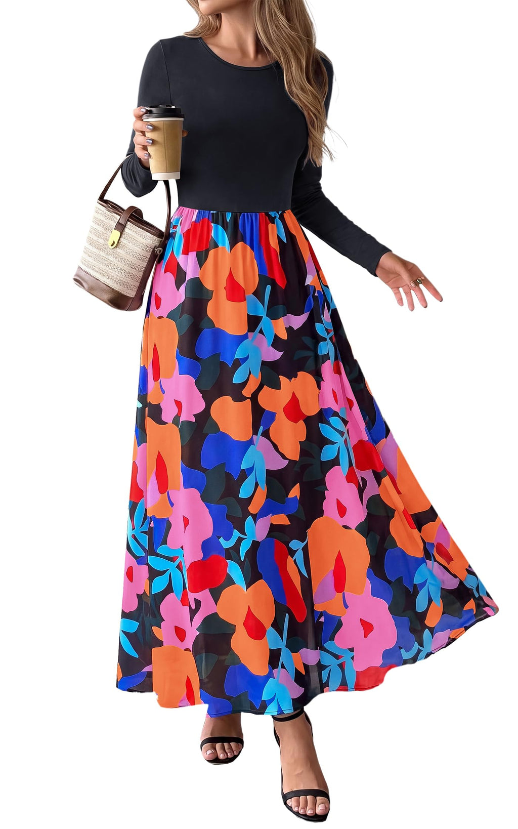 FreshPretty Women's Long Sleeve Boho Floral Flowy Fall Maxi Dress,Wedding Guest Dress,Elegant A Line Swing Bohemian Long Dresses with Pockets,Church Garden Party Resort Cruise Vacation Dress