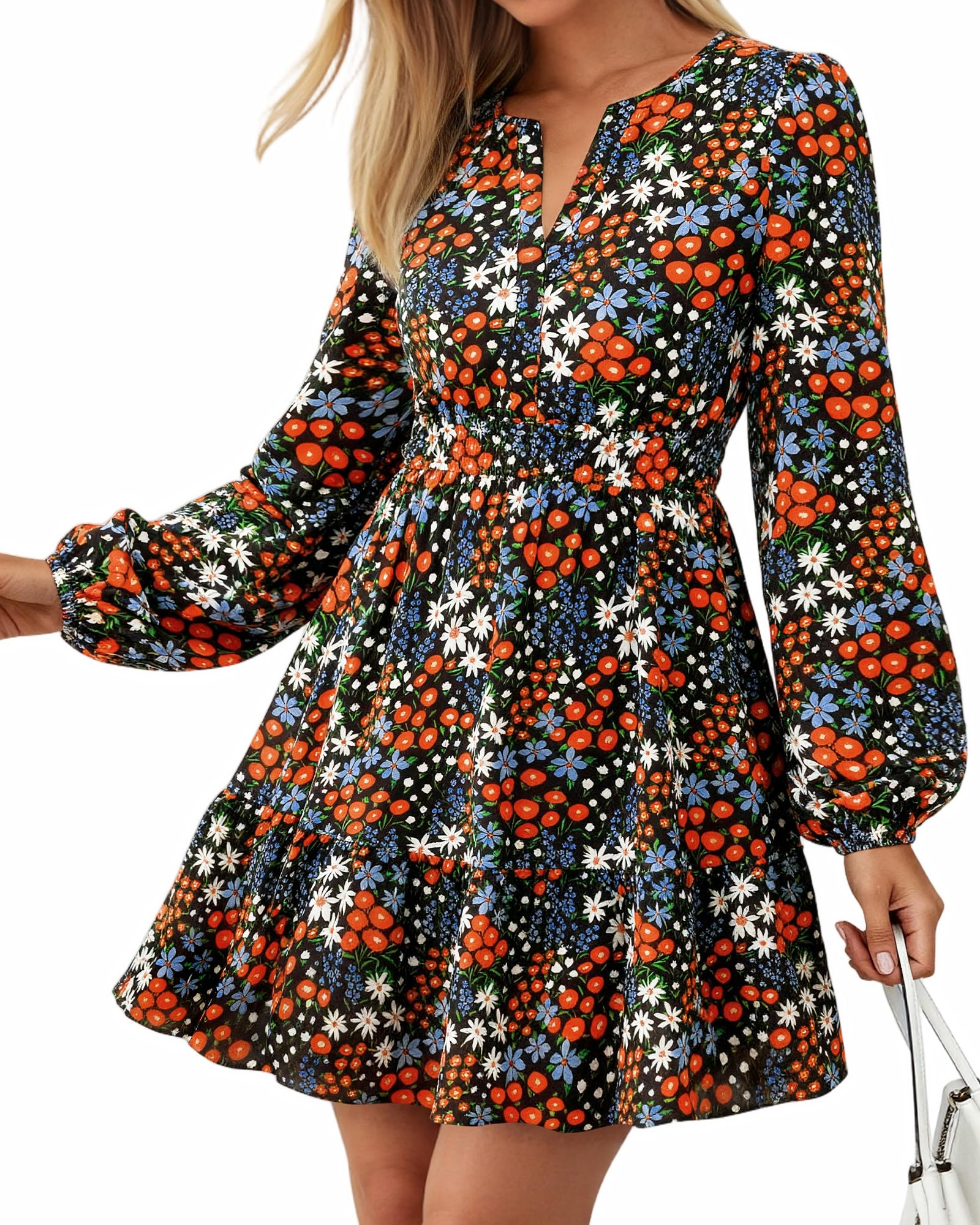 BTFBM Spring Dresses for Women Mini Long Sleeve Elastic Waist Summer Vacation Outfits Floral Wedding Guest Dress