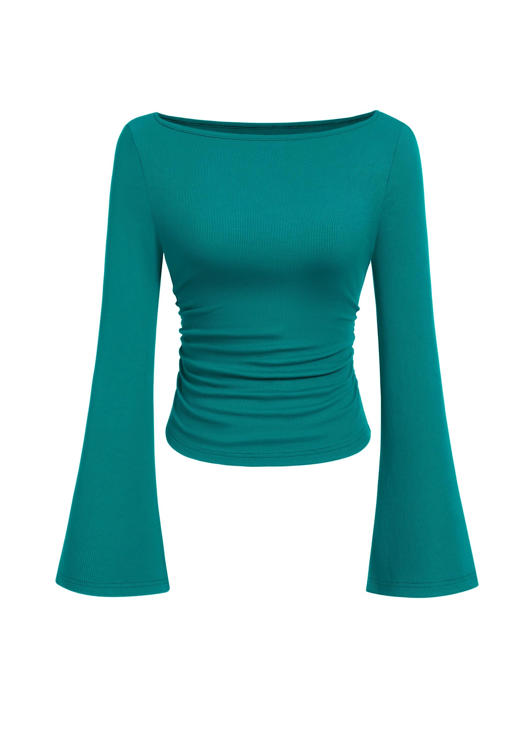 PRETTYGARDEN Women's Long Sleeve Shirts Fall Crop Going Out Tops Casual Boat Neck Bell Sleeve Ribbed Ruched Y2K Clothes