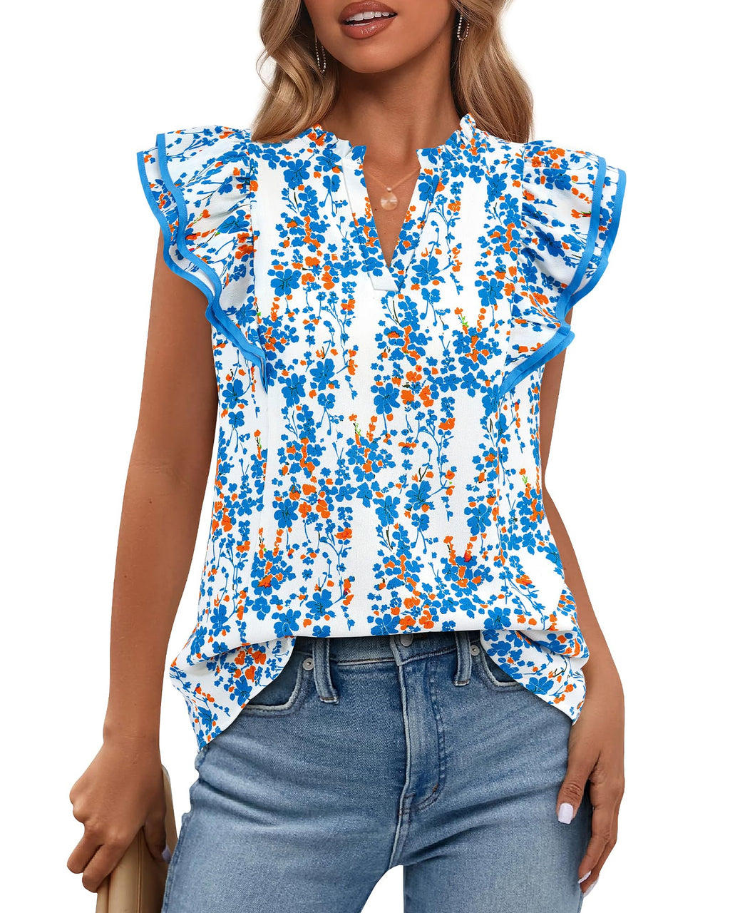 BTFBM Womens Tops Dressy Casual Spring Summer Shirts Boho Floral V Neck Ruffle Cap Sleeve Business Work Blouses