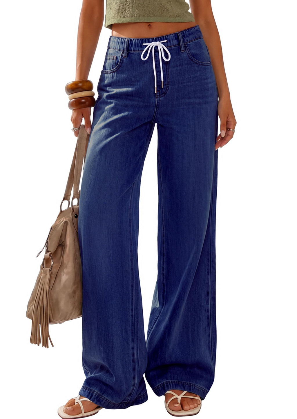 PRETTYGARDEN Womens Stretchy Drawstring Wide Leg Jeans | Casual High Waisted, Baggy Straight Fit, Long Denim Pants With Pockets, Work Office Daily Street, Chic All Seasons