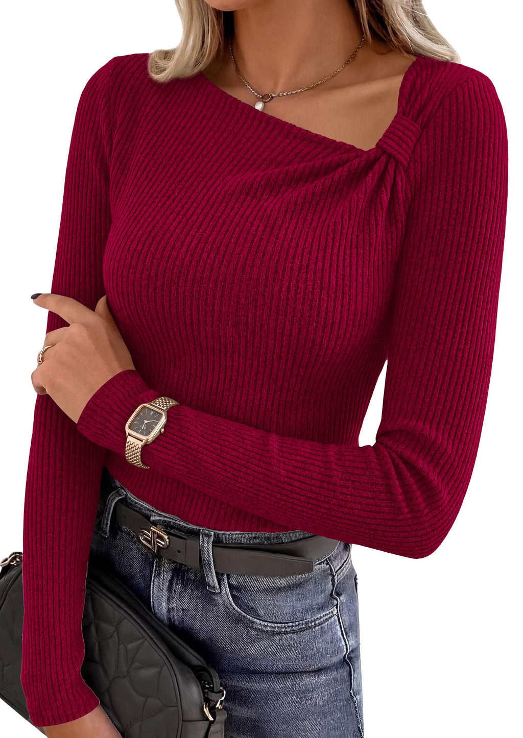 PRETTYGARDEN Womens  Early Fall Fashion Long Sleeve T Shirts Asymmetrical Ribbed Fitted Trendy Going Out Tops Y2K Outfits