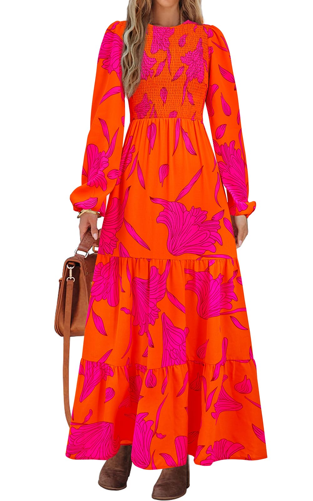 PRETTYGARDEN Women's Fall Dresses Long Sleeve Flowy Casual Floral Maxi Dress Crew Neck Smocked Tiered Long Dress