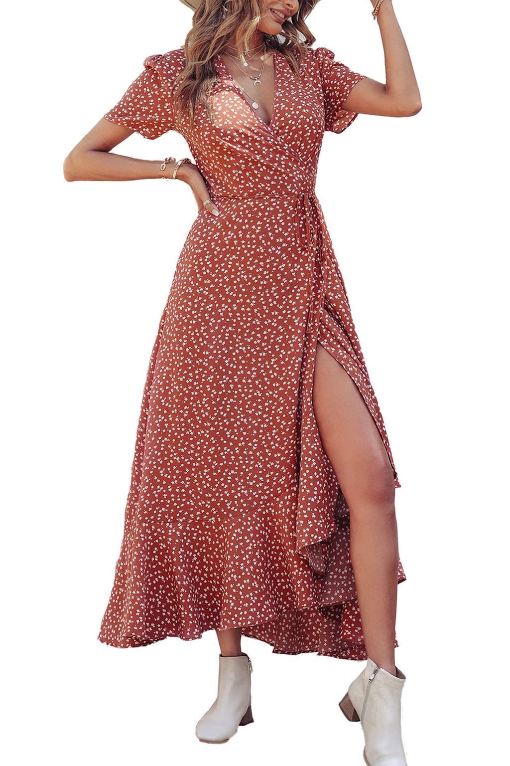 PRETTYGARDEN Women's Summer Maxi Dress Casual Wrap Floral Boho Short Sleeve V Neck Split Ruffle Beach Long Dresses