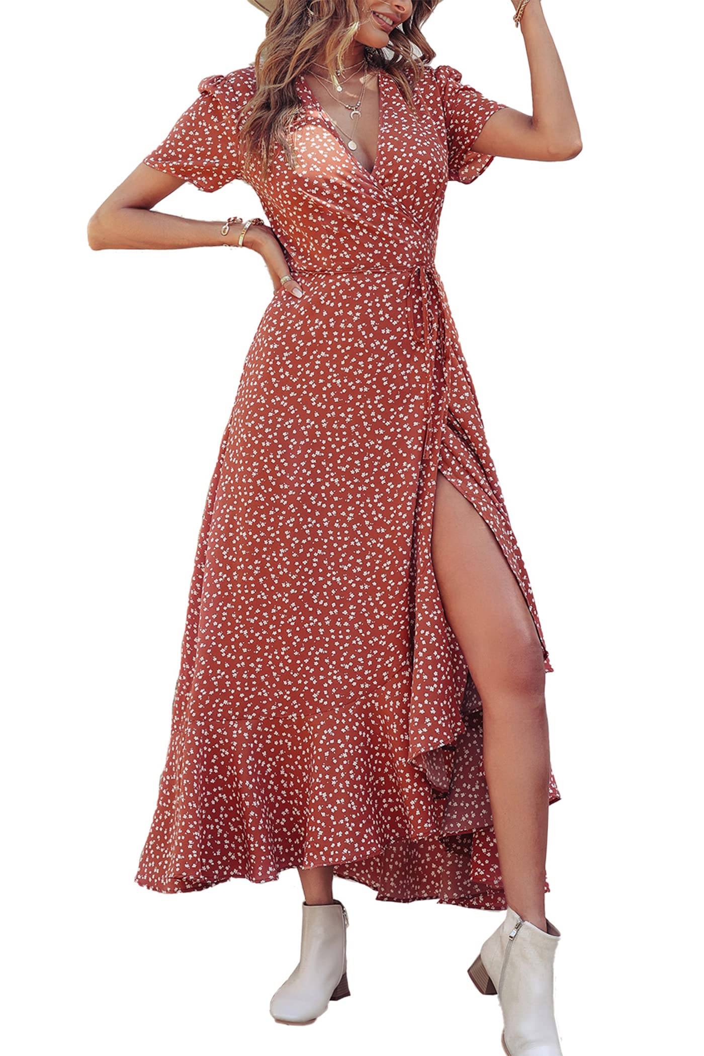 PRETTYGARDEN Women's Summer Maxi Dress Casual Wrap Floral Boho Short Sleeve V Neck Split Ruffle Beach Long Dresses