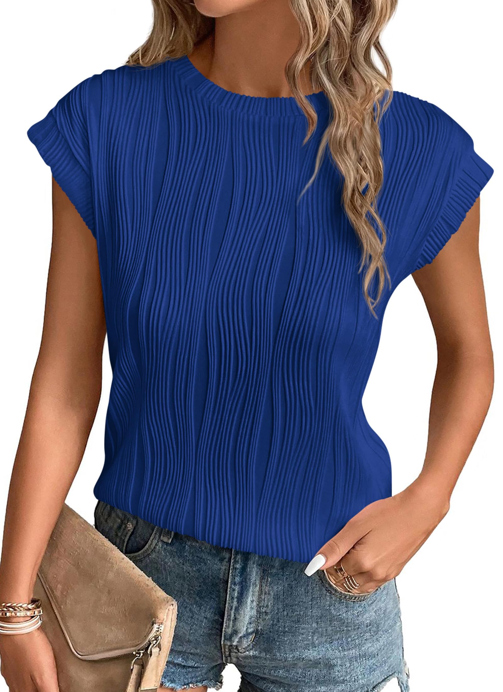 PRETTYGARDEN Blouses for Women Dressy Casual Spring Summer Business Office Tops Cap Sleeve Textured Cute Work Shirt