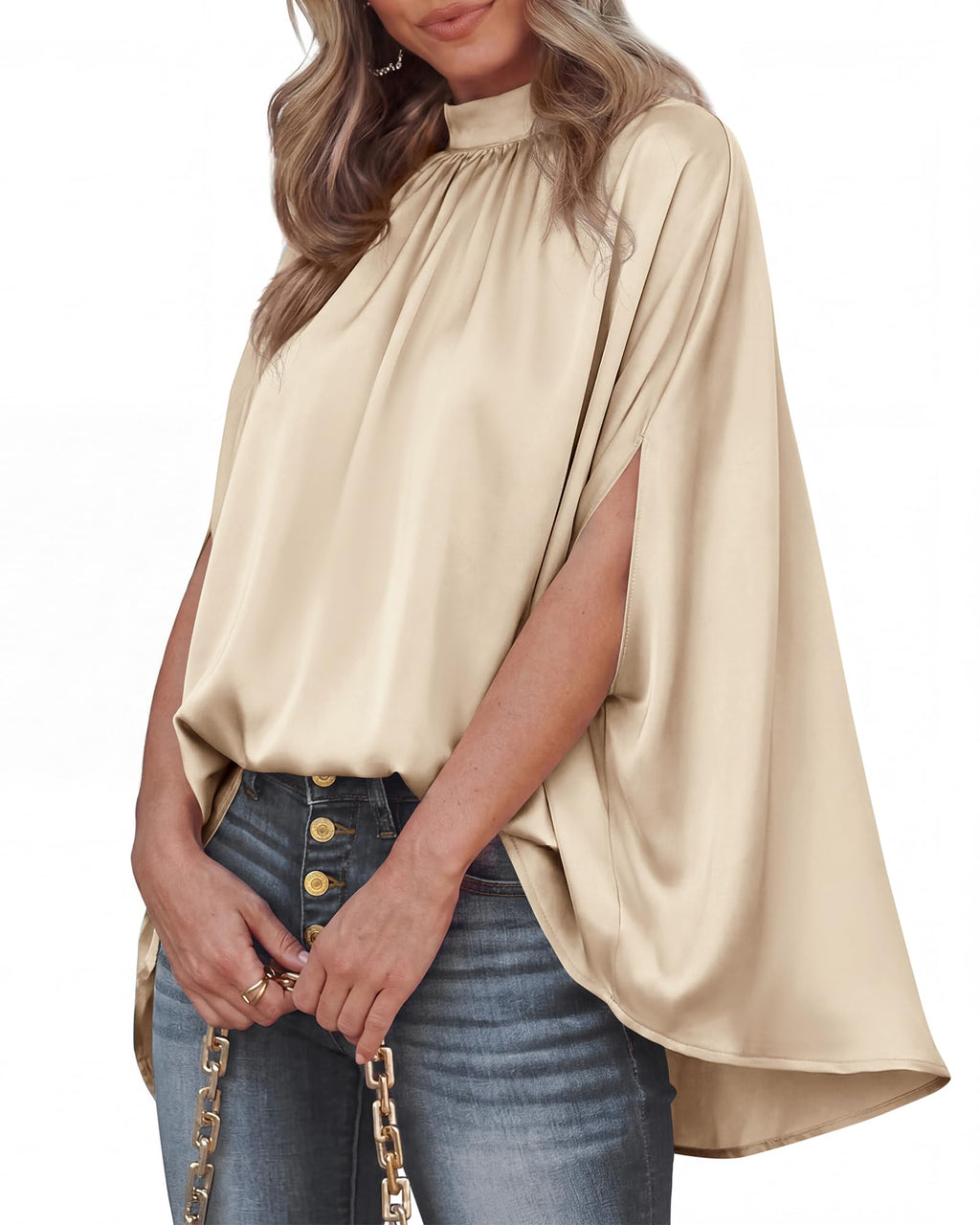 BTFBM Womens Summer Tops Mock Neck Batwing Sleeve Silk Satin Shirts Loose Oversized Dressy Casual Spring Blouses