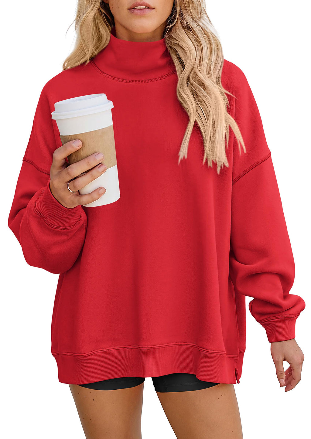 PRETTYGARDEN Womens Mock Neck Sweatshirt Oversized Pullover Loose Fit,Side Pockets,Long Sleeve Drop Shoulder Tops,Casual Lounge Work Travel Airport Outfits,Fall Fashion Winter Clothes