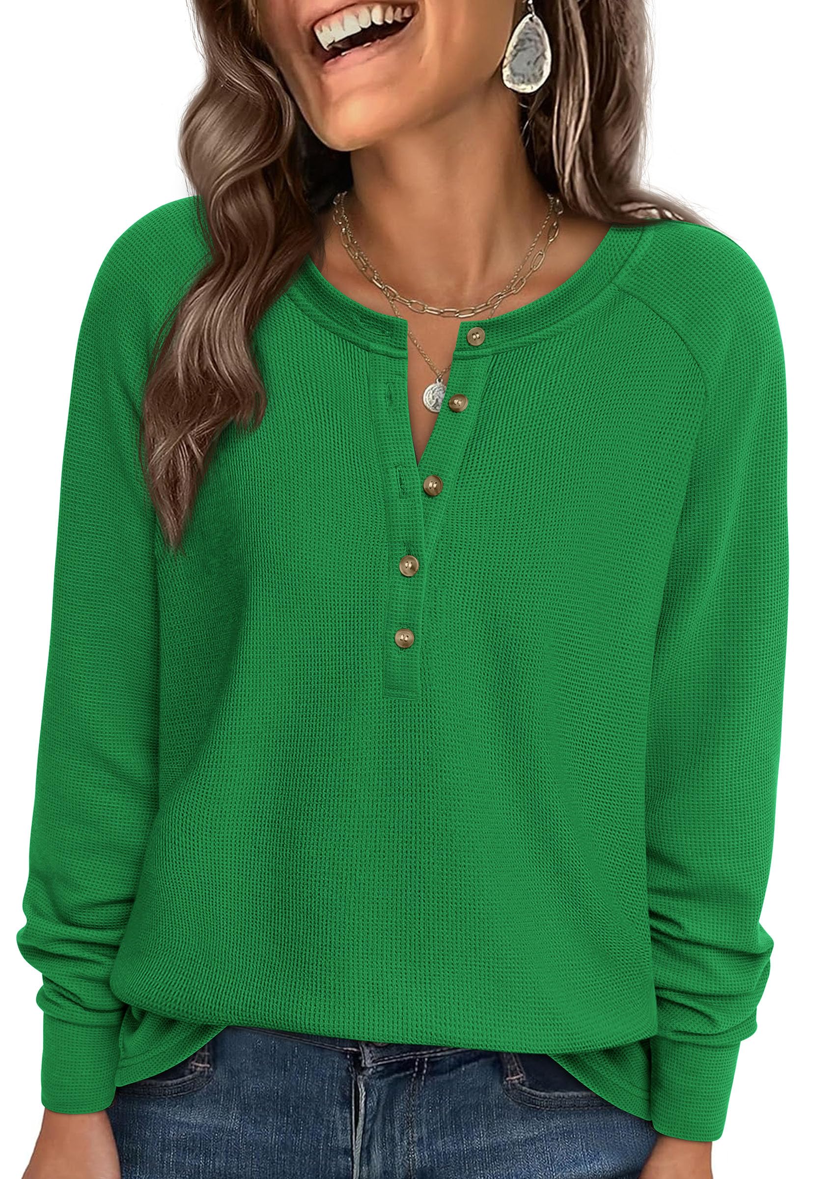 PRETTYGARDEN Women's Long Sleeve Waffle Knit Shirts Fall Casual Button Up Henley V Neck Tunic Tops Loose Fit Basic Tees
