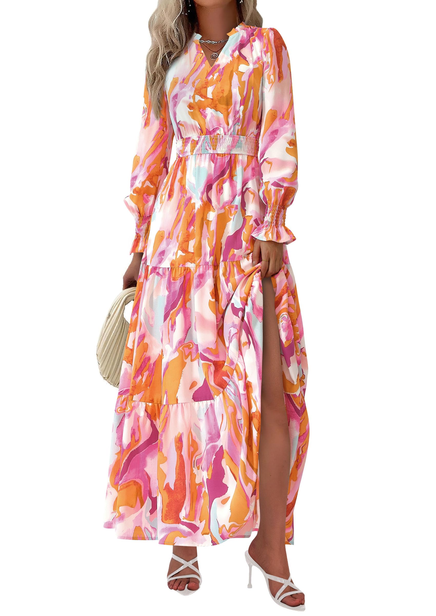 PRETTYGARDEN Women's Floral Maxi Dress Fall Long Sleeve V Neck Casual A Line Long Flowy Boho Party Dresses