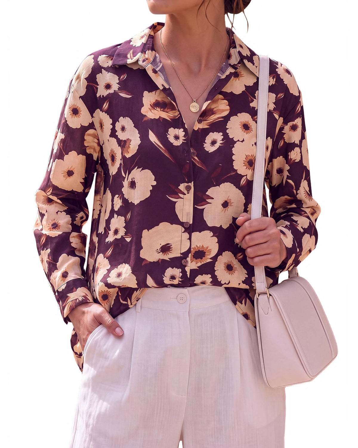 BTFBM Womens Blouses Dressy Casual Floral Long Sleeve Shirts Polka Dot Tops Classic Lapel Collar,Button Cuffs,V Neck Button Down Shirt,Business Casual Outfits,Early Fall Fashion Clothing Trendy