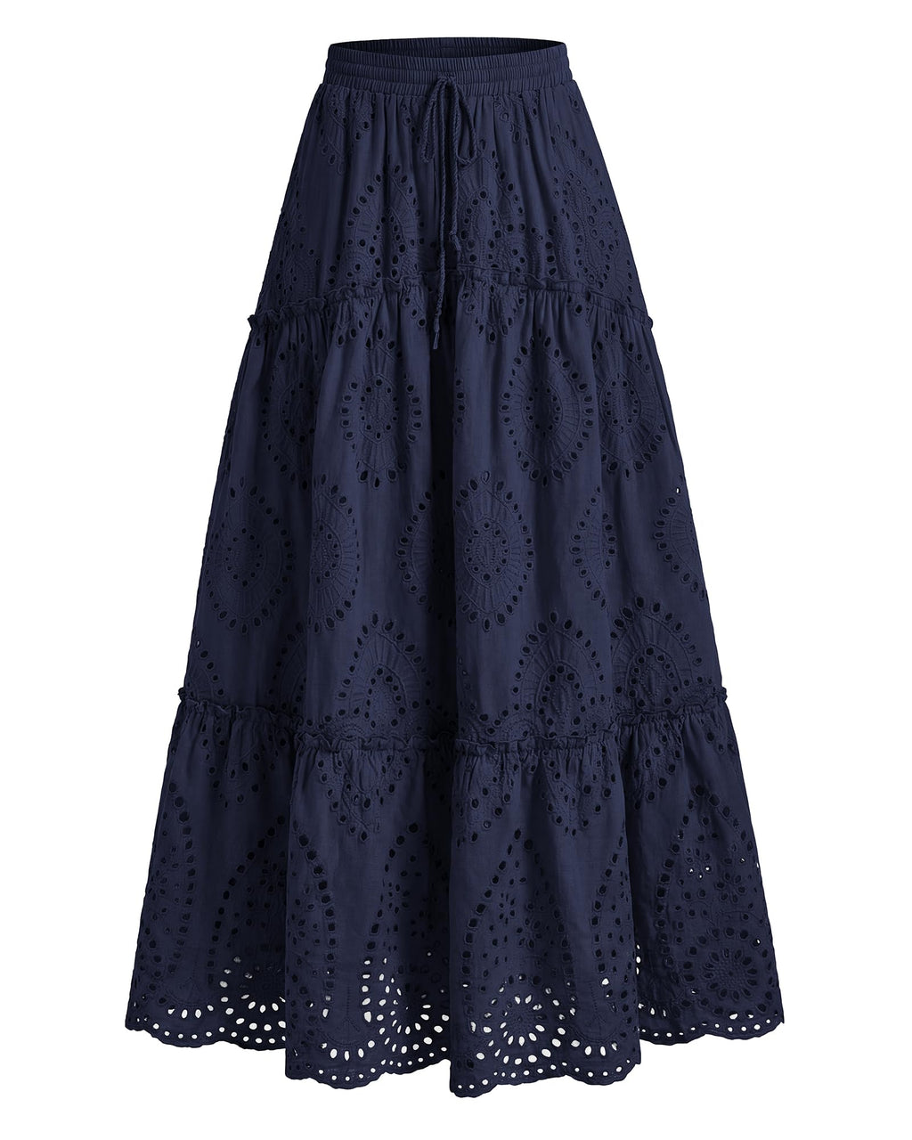 BTFBM Long Skirts for Women Summer Boho Lace Embroidery High Waist Flowy Tiered Spring Maxi Skirt Beach Vacation