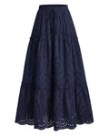 BTFBM Long Skirts for Women Summer Boho Lace Embroidery High Waist Flowy Tiered Spring Maxi Skirt Beach Vacation