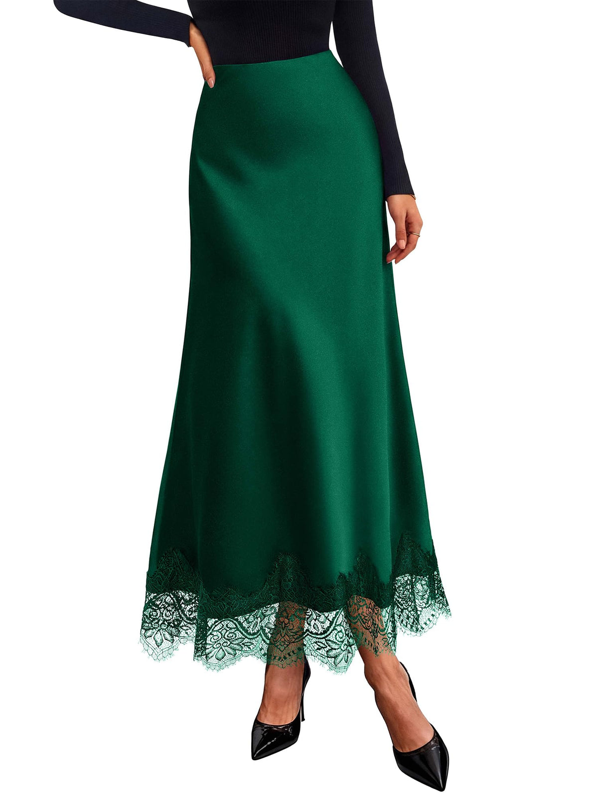 BTFBM Lace Trim Satin Skirts for Women Elegant | Lightweight, High Waist, A-Line, Flowy Maxi Skirt, Wedding, Cocktail, Graduation, Holiday Outfits, Fall Fashion Clothing