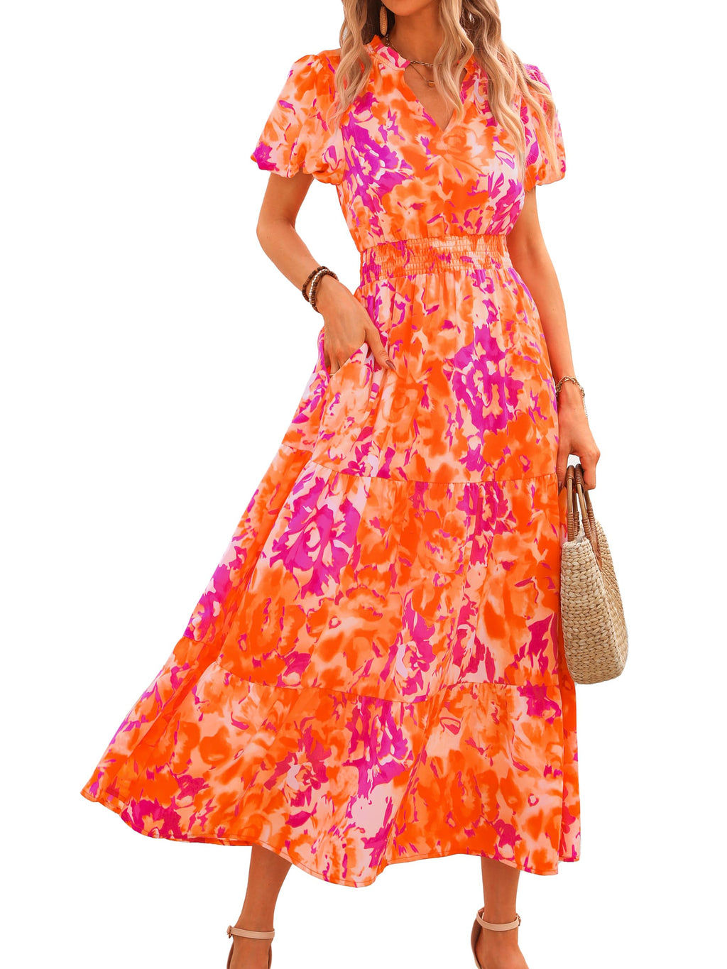 PRETTYGARDEN Summer Maxi Dresses for Women  Casual V Neck Puff Short Sleeve Smocked Flowy Beach Boho Long Floral Dress