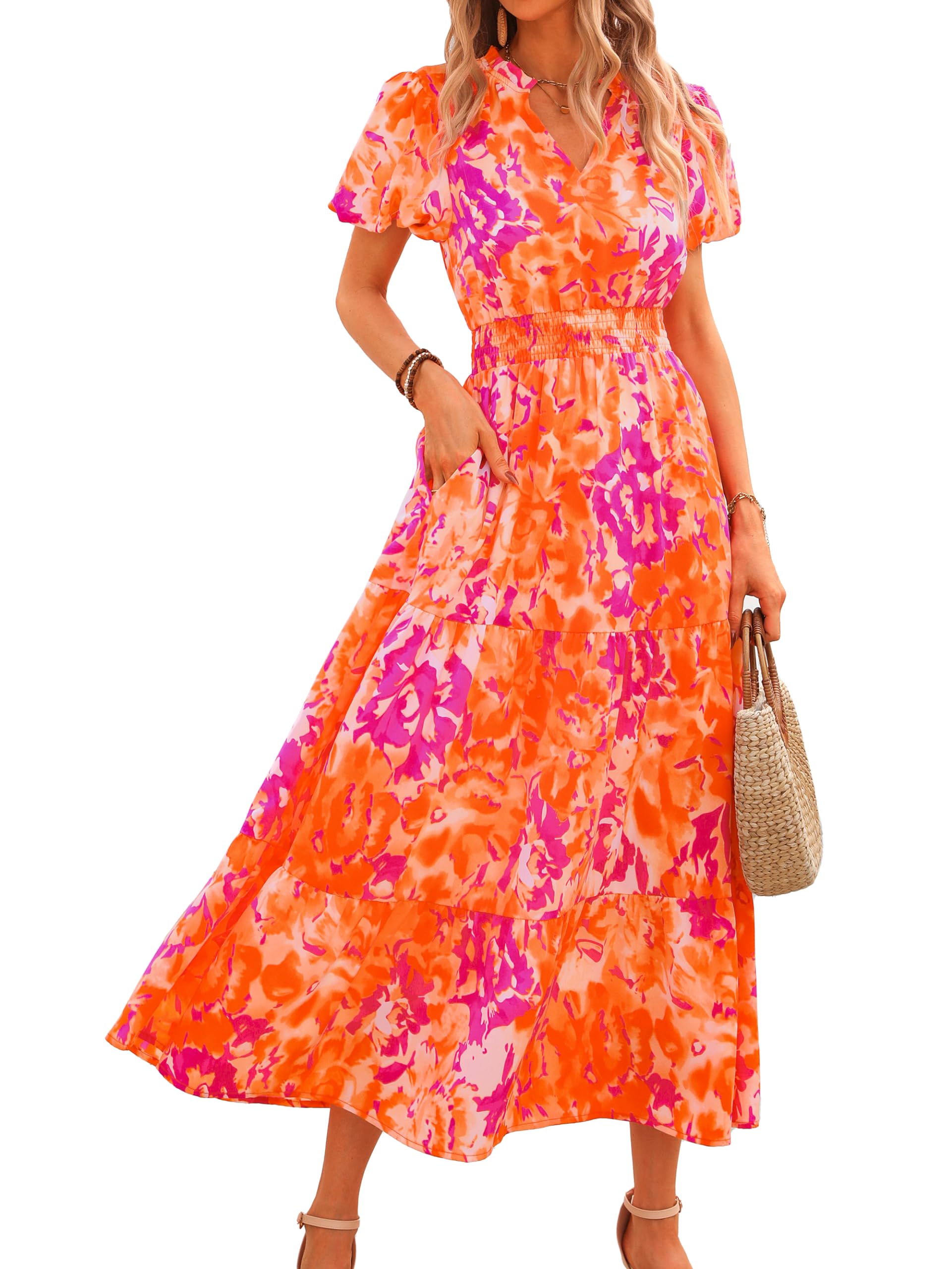 PRETTYGARDEN Summer Maxi Dresses for Women  Casual V Neck Puff Short Sleeve Smocked Flowy Beach Boho Long Floral Dress