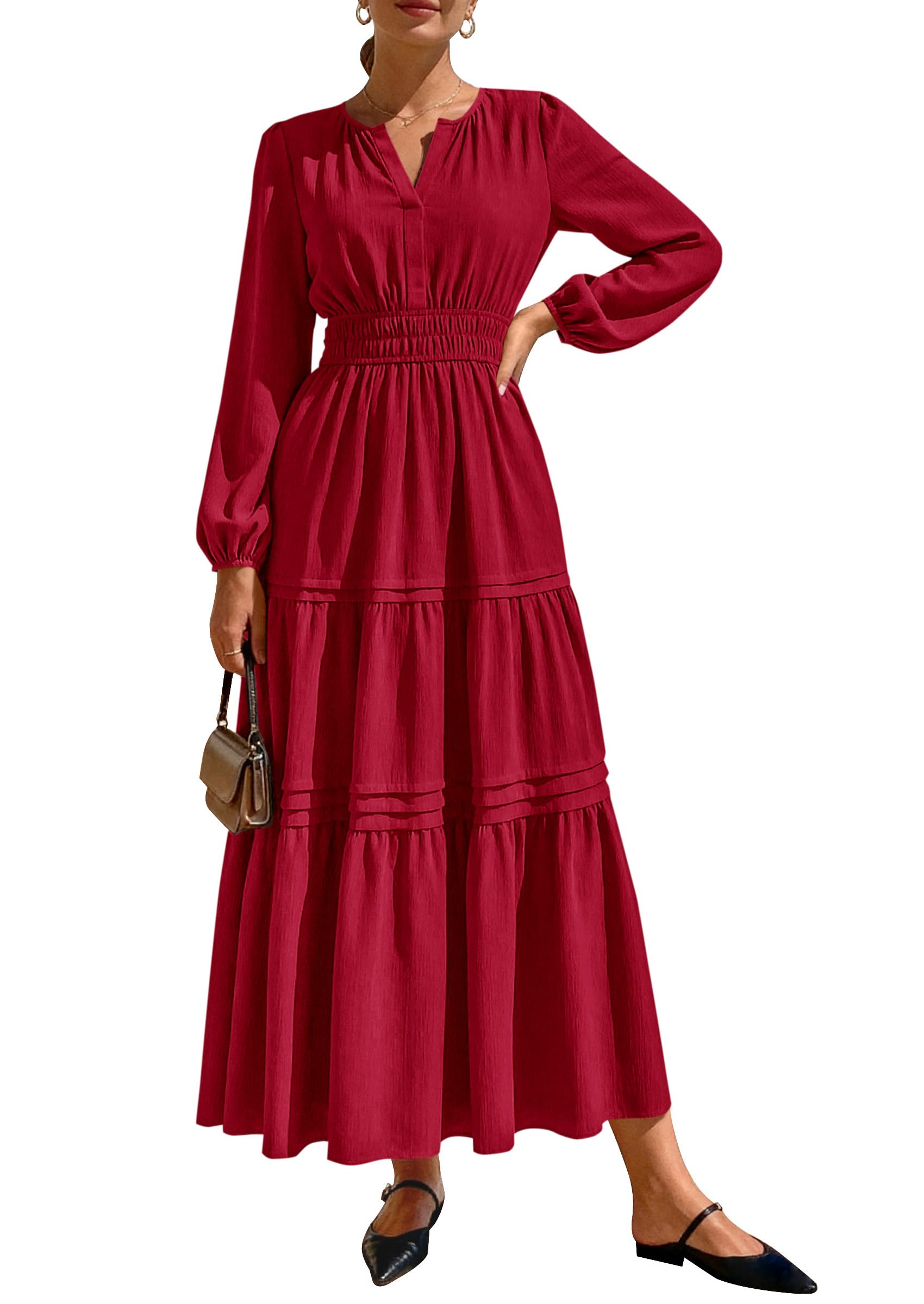 PRETTYGARDEN Women's Elegant Maxi Dresses Long Sleeve V Neck Flowy Pockets Casual Modest Dress Fall Fashion Clothes