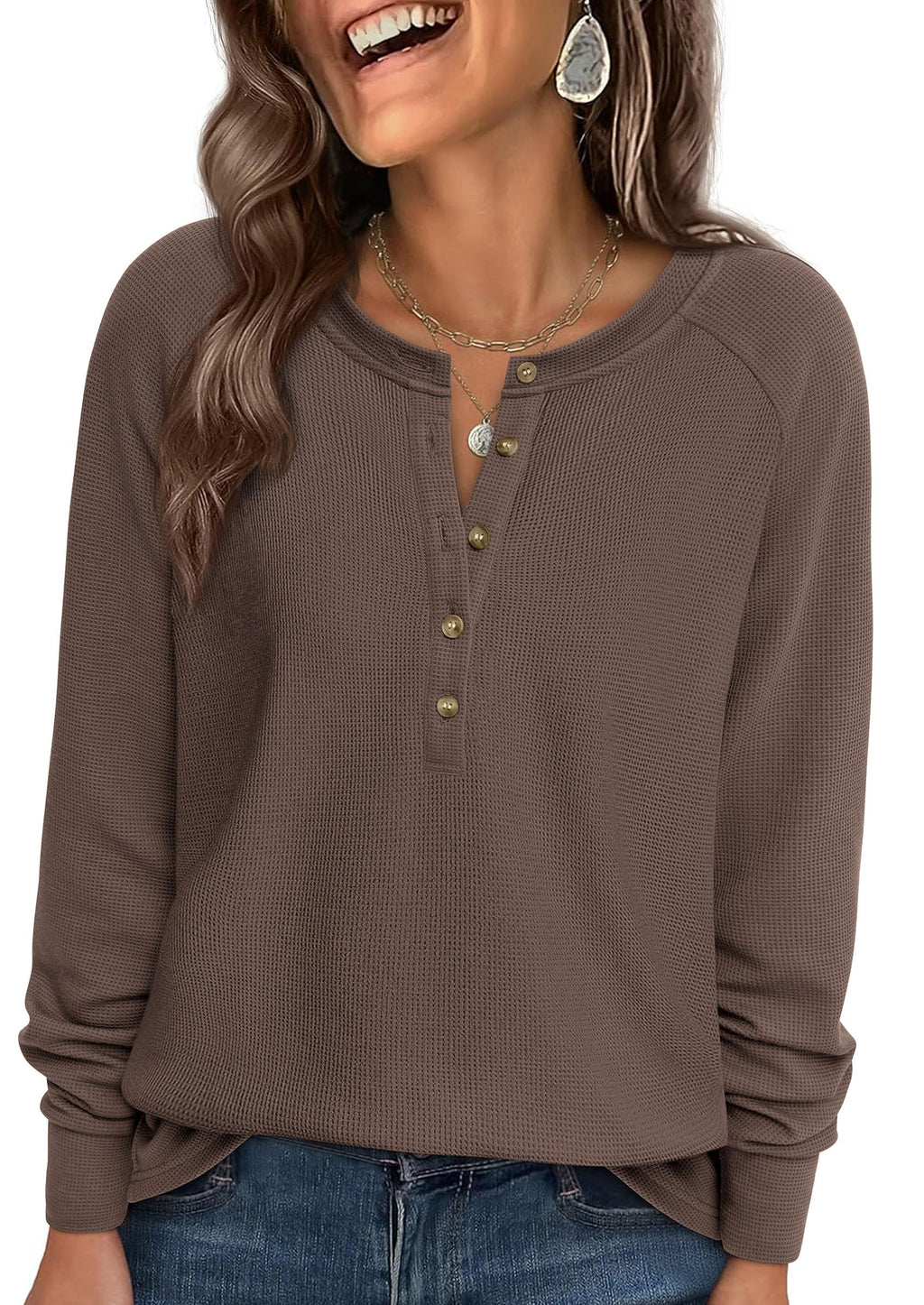 PRETTYGARDEN Women's Long Sleeve Waffle Knit Shirts Fall Casual Button Up Henley V Neck Tunic Tops Loose Fit Basic Tees
