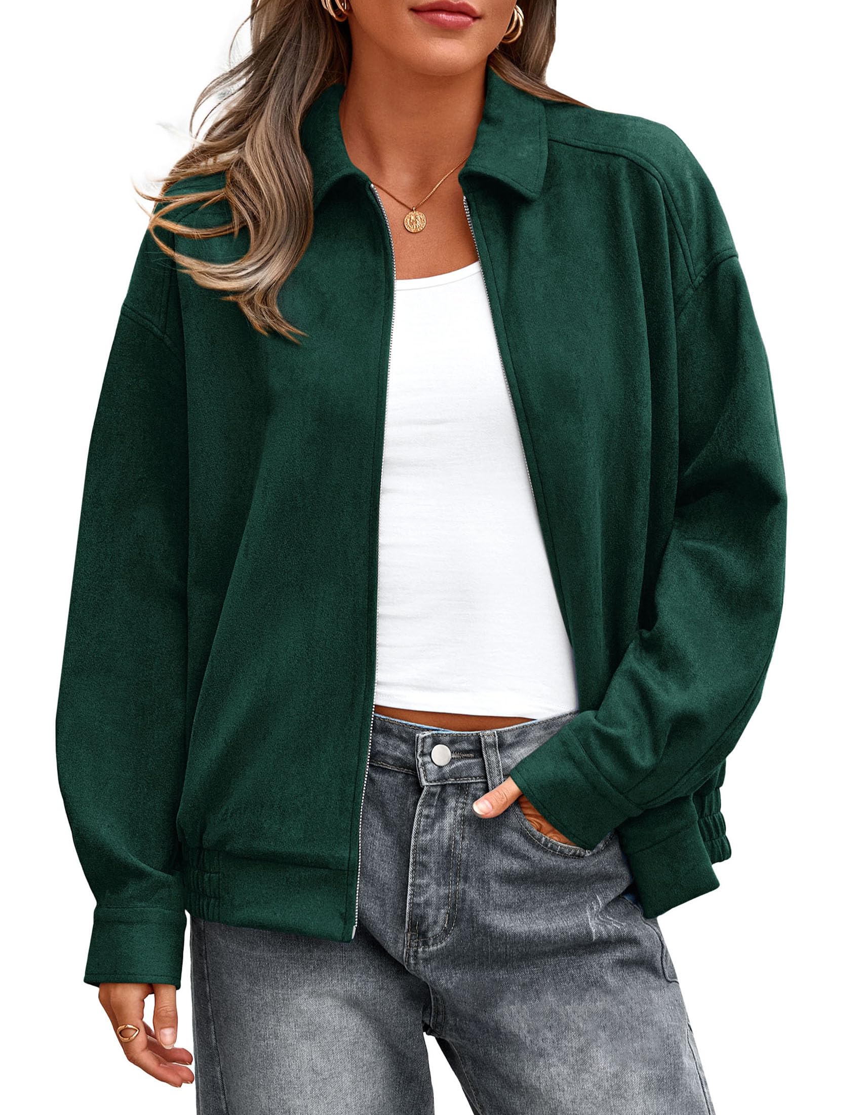 PRETTYGARDEN Faux Suede Bomber Jacket Women Fall Fashion Casual Zip Up Oversized Trendy Winter Clothing Outerwear Coats