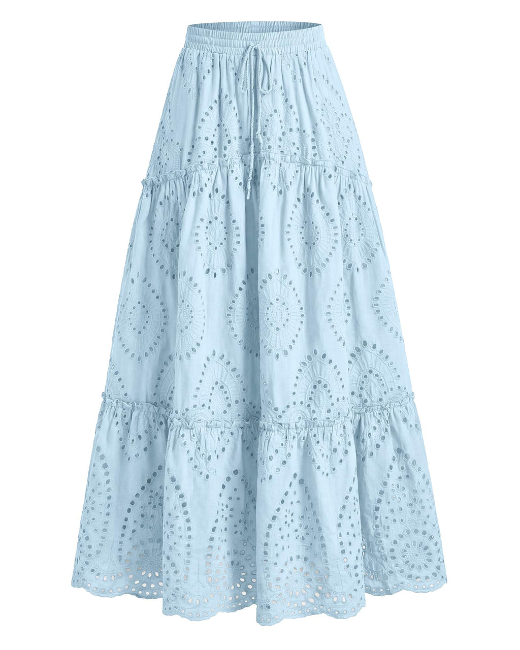 BTFBM Long Skirts for Women Summer Boho Lace Embroidery High Waist Flowy Tiered Spring Maxi Skirt Beach Vacation