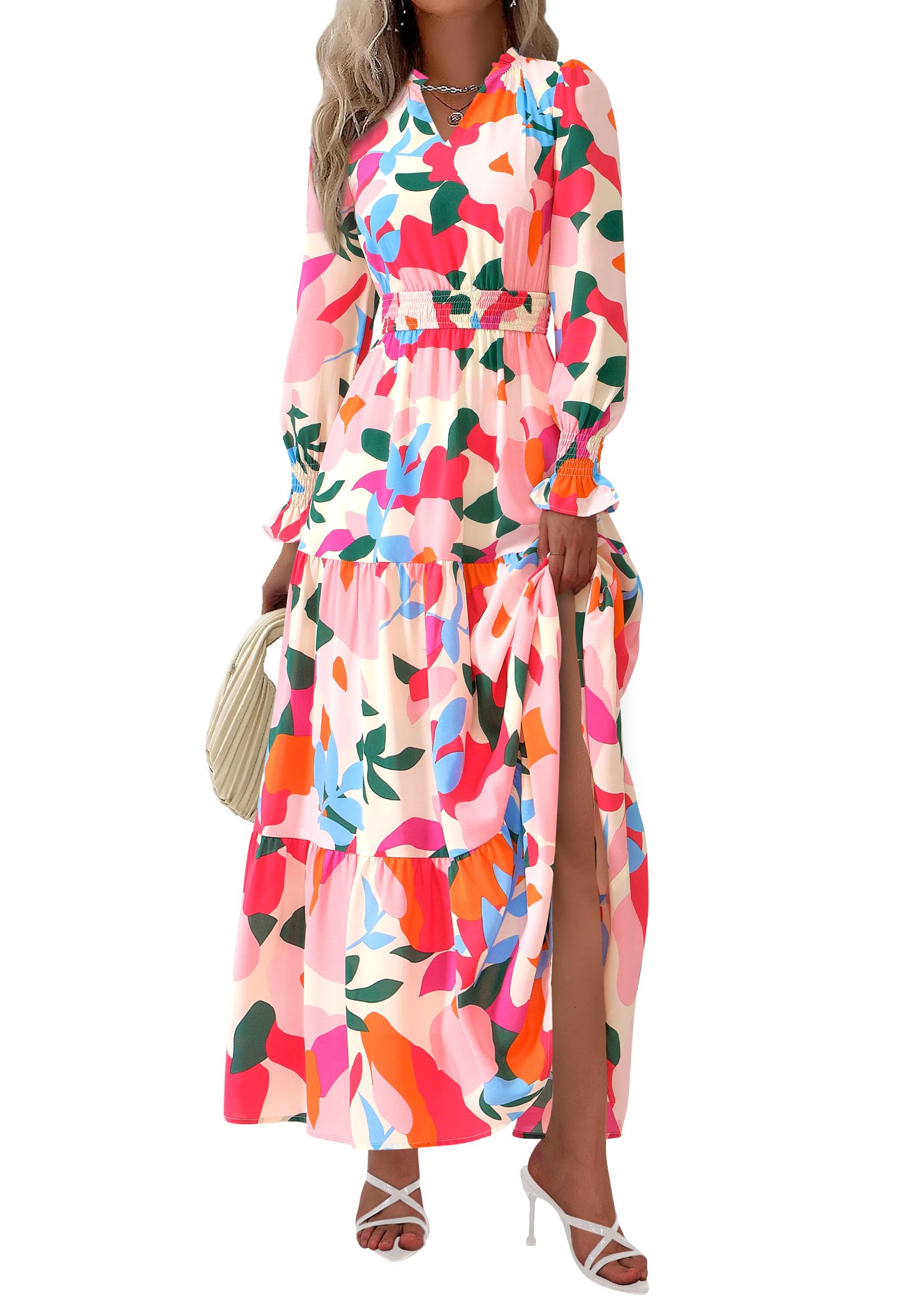 PRETTYGARDEN Women's Floral Maxi Dress Fall Long Sleeve V Neck Casual A Line Long Flowy Boho Party Dresses