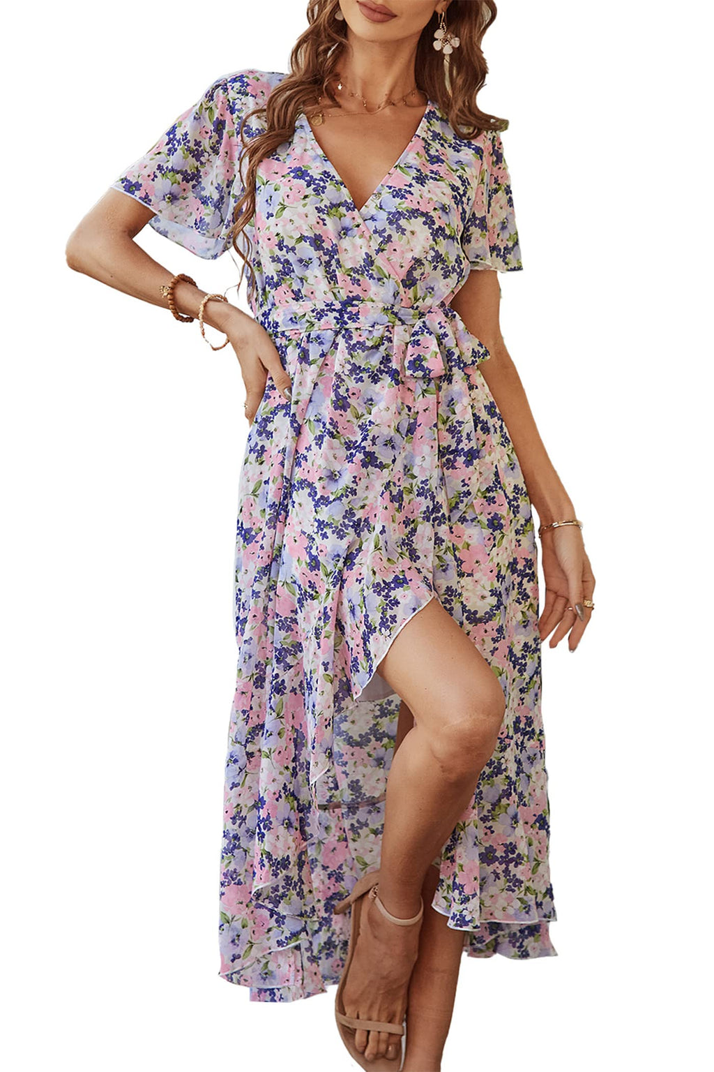 PRETTYGARDEN Women's Summer Floral Boho Maxi Dress Wrap Short Sleeve V Neck Ruffle A-Line Flowy Wedding Guest Long Dresses