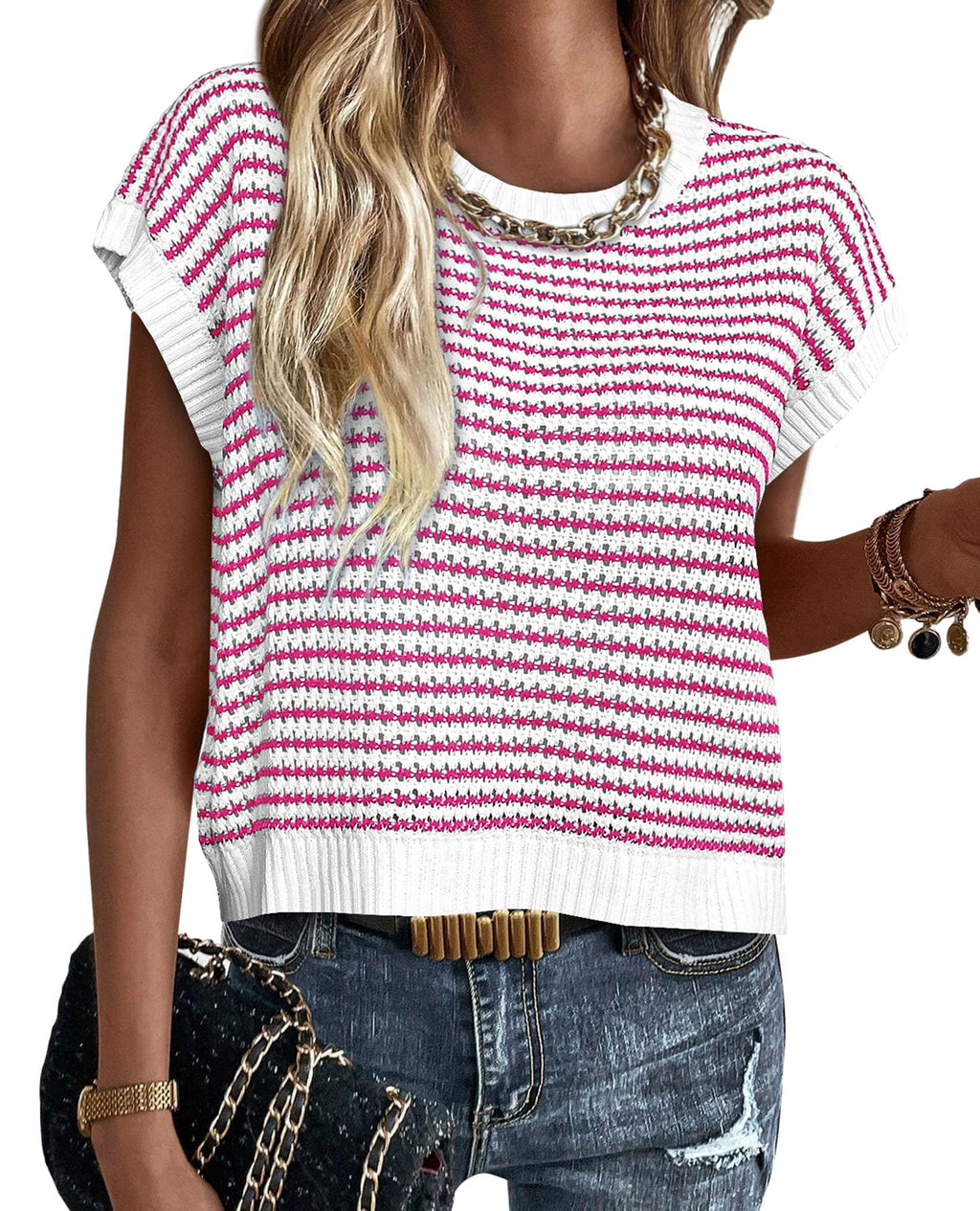 PRETTYGARDEN Womens Short Sleeve Sweater Spring Summer Round Neck Striped Pullover Cap Sleeve Knit Sweater Vest Tops