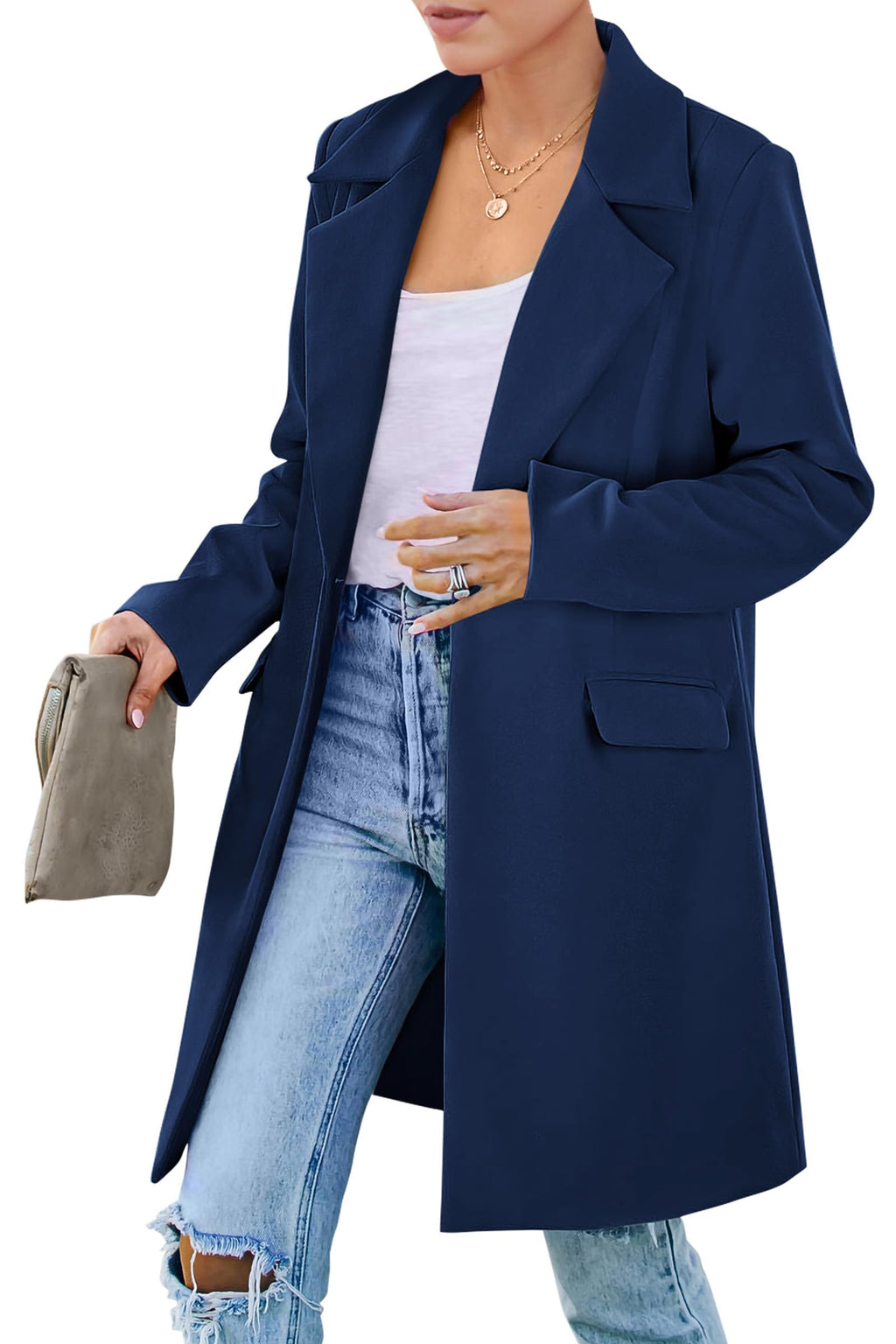 PRETTYGARDEN Women's Spring Fall Long Blazer Jackets Long Sleeve Lapel Pockets Loose Fit Work Casual Blazers Outerwear