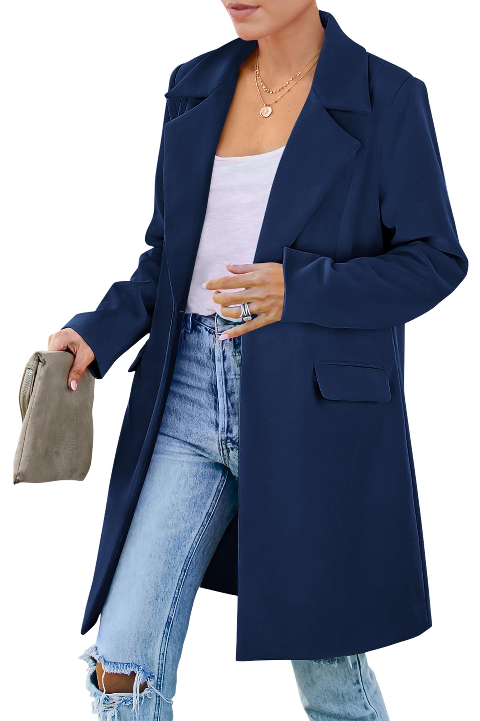 PRETTYGARDEN Women's Spring Fall Long Blazer Jackets Long Sleeve Lapel Pockets Loose Fit Work Casual Blazers Outerwear