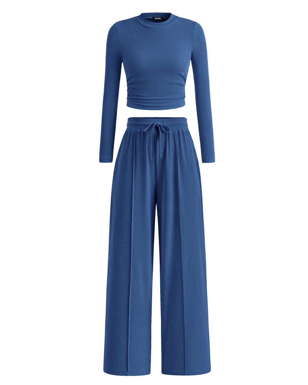 BTFBM Casual 2 Piece Sets For Women Fall Outfits Ribbed Spring Long Sleeve Crop Top Wide Leg Pants Matching Lounge Set