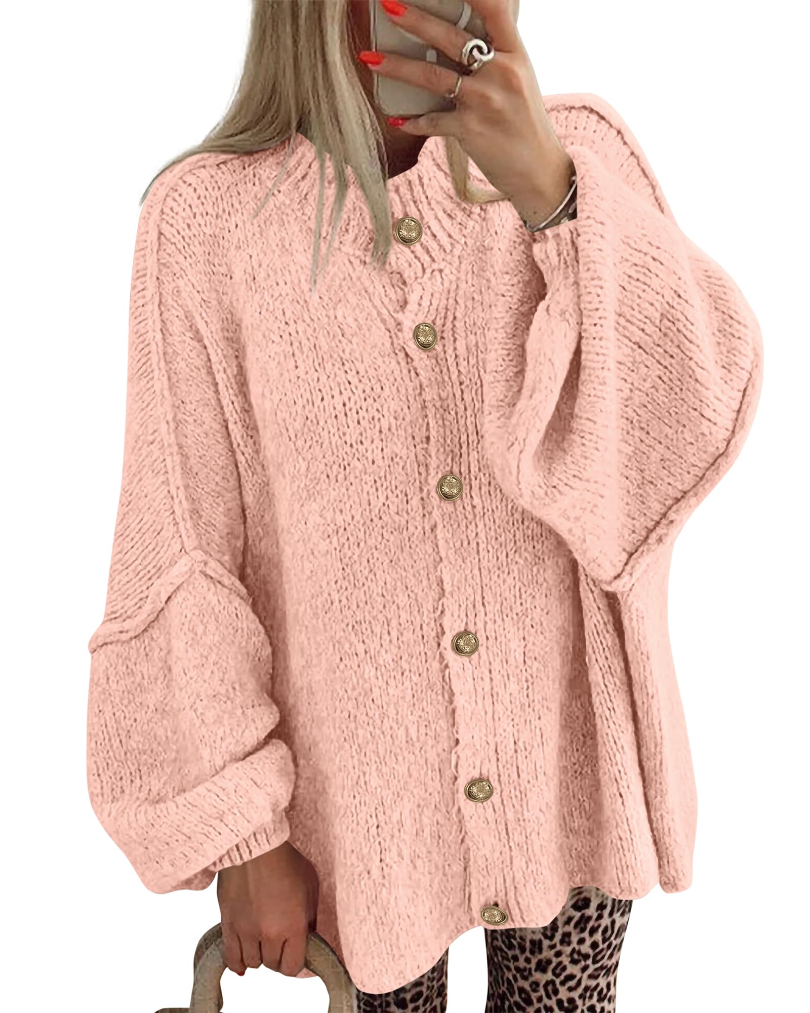 BTFBM Cardigan Sweaters for Women Fall Clothes Lantern Long Sleeve Button Open Front Chunky Knit Oversized Sweater