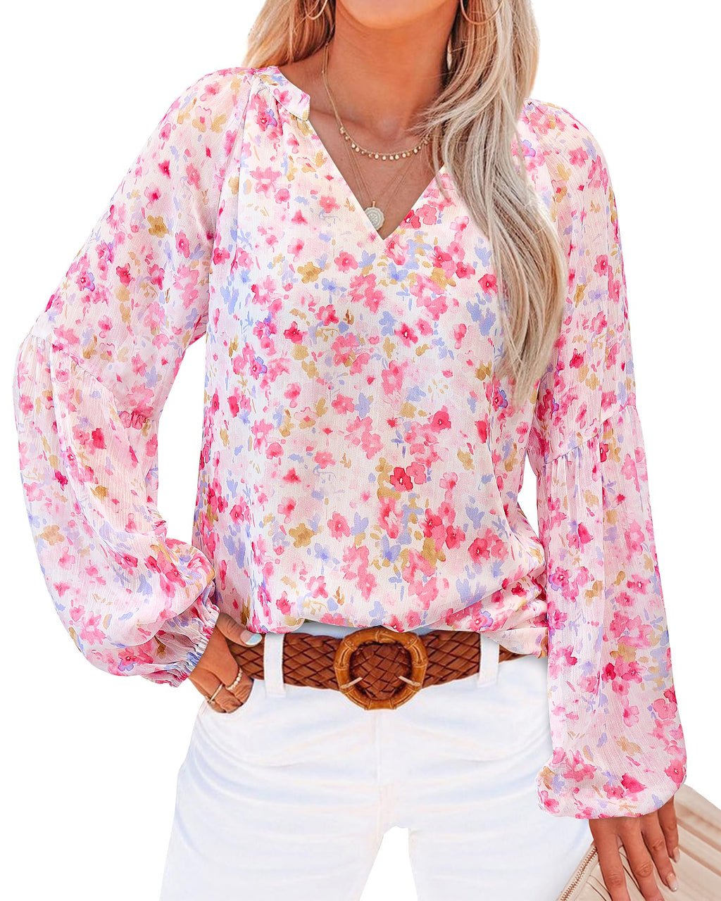 FreshPretty Blouses for Women Floral Boho Tops V Neck Lightweight Long Sleeve Shirts Fall Dressy Casual Vacation Outfits
