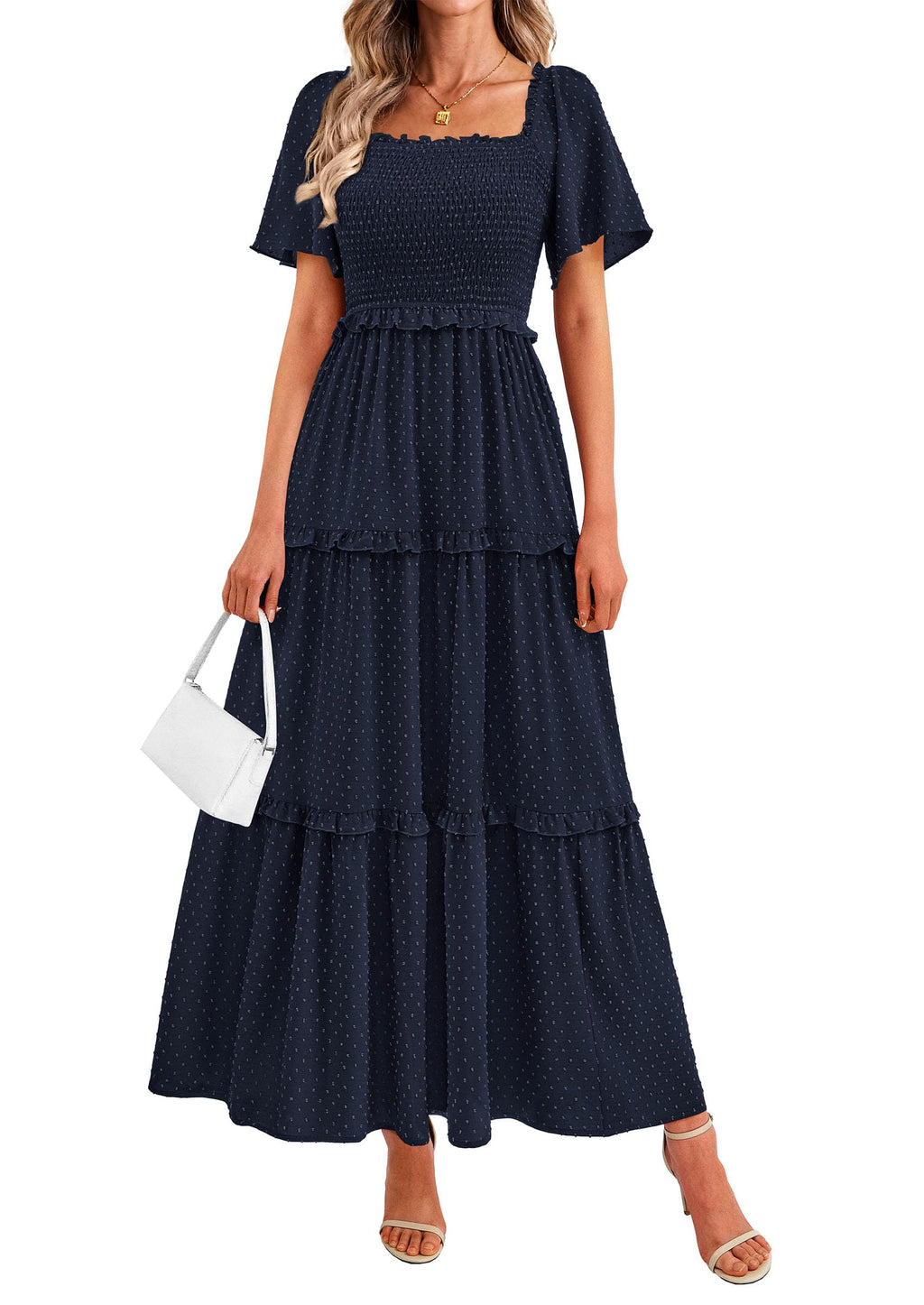 PRETTYGARDEN Summer Dresses for Women Boho Swiss Dot Smocked Square Neck Short Sleeve Spring Wedding Guest Maxi Dress