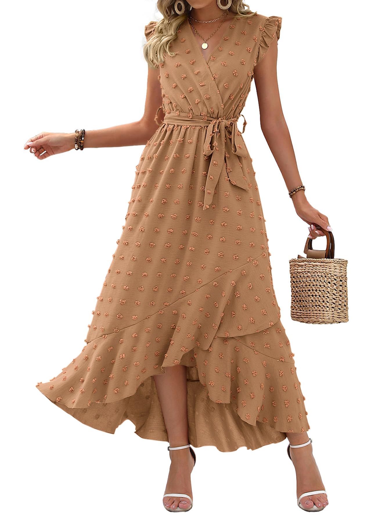 BTFBM Boho Dresses for Women Spring Fashion Cap Sleeve Swiss Dot Flowy Ruffle Beach Wedding Cocktail Maxi Dress