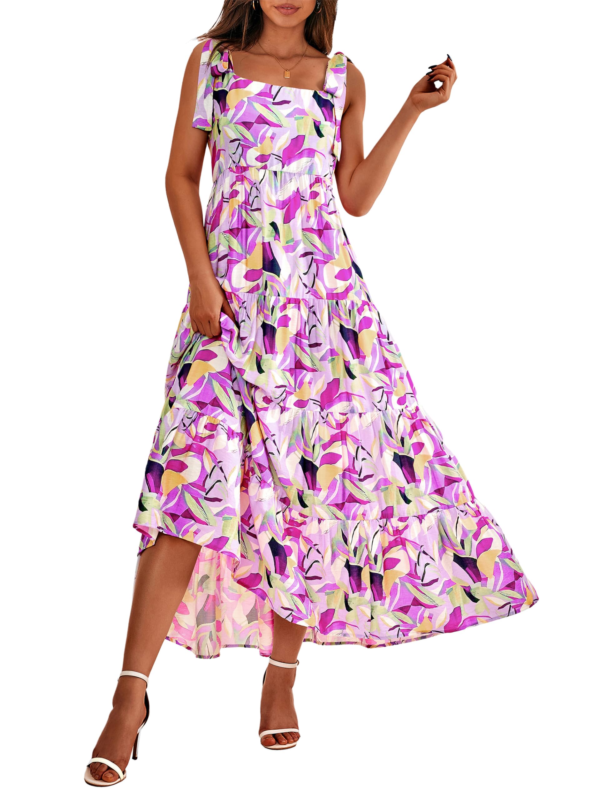 PRETTYGARDEN Women Dresses Summer Floral Sleeveless Maxi Dress Casual Spaghetti Strap Tiered Flowy Beach Long Dress