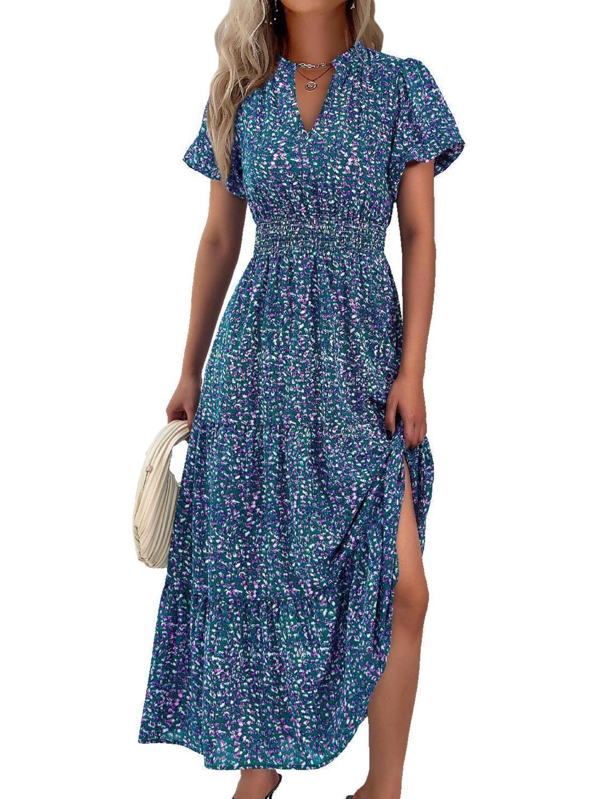 PRETTYGARDEN Summer Maxi Dresses for Women  Casual V Neck Puff Short Sleeve Smocked Flowy Beach Boho Long Floral Dress