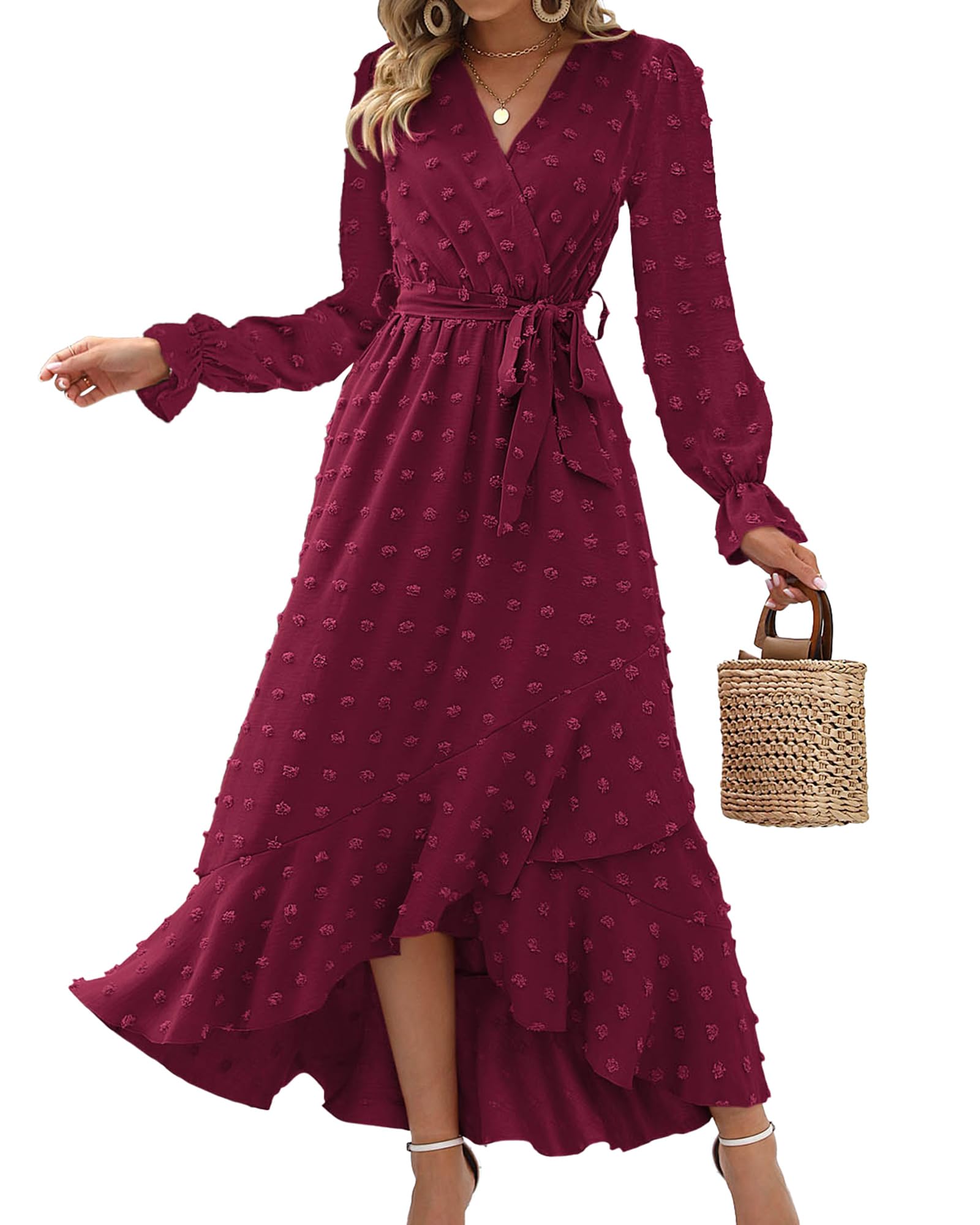 FreshPretty Long Sleeve Maxi Dresses for Women V Neck Swiss Dot Boho Flowy Slit Cocktail Wedding Guest Dress Fall Clothes