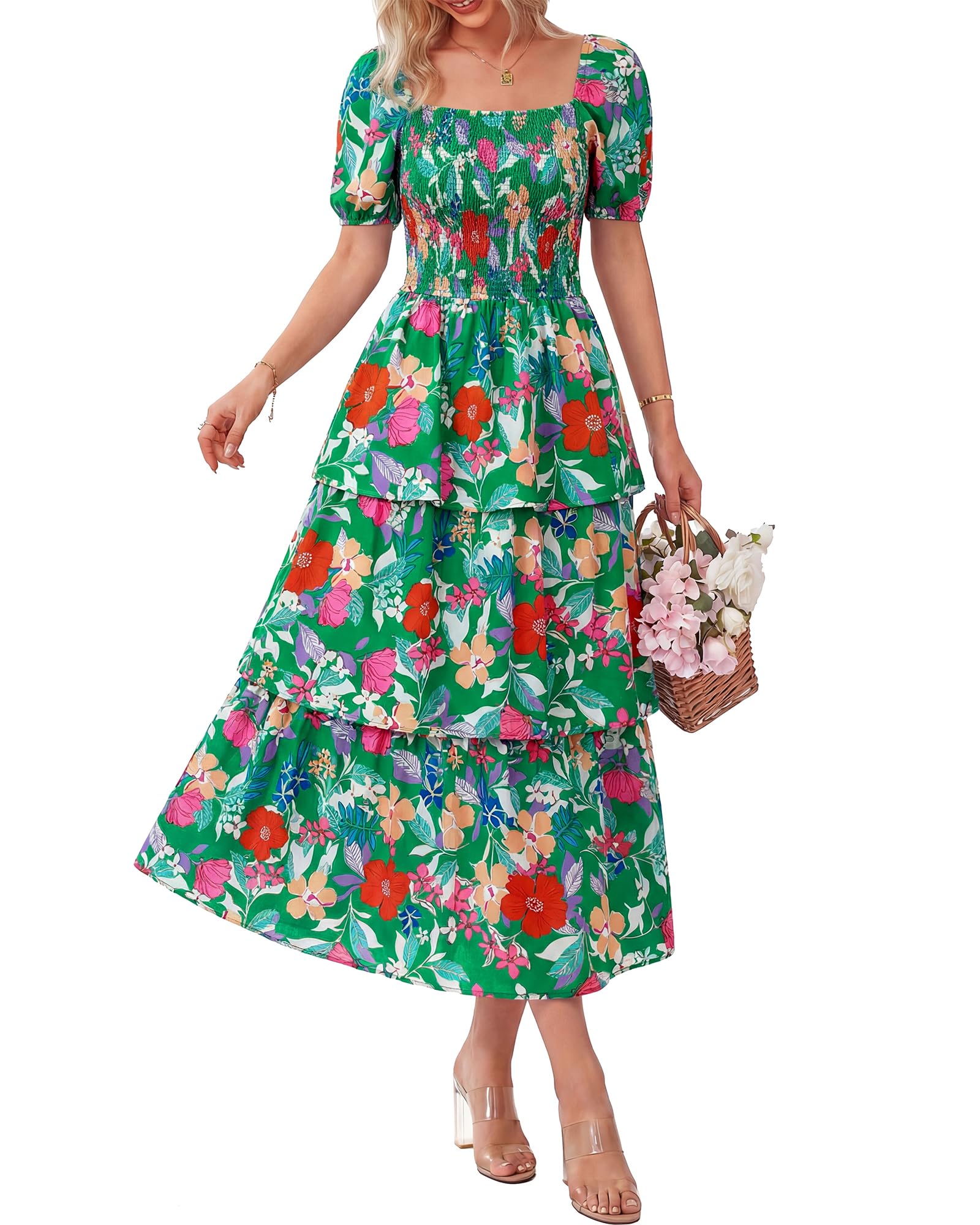BTFBM Womens Square Neck Smocked Dress Summer Puff Short Sleeve Floral Casual Ruffle Tiered Maxi Wedding Guest Dresses