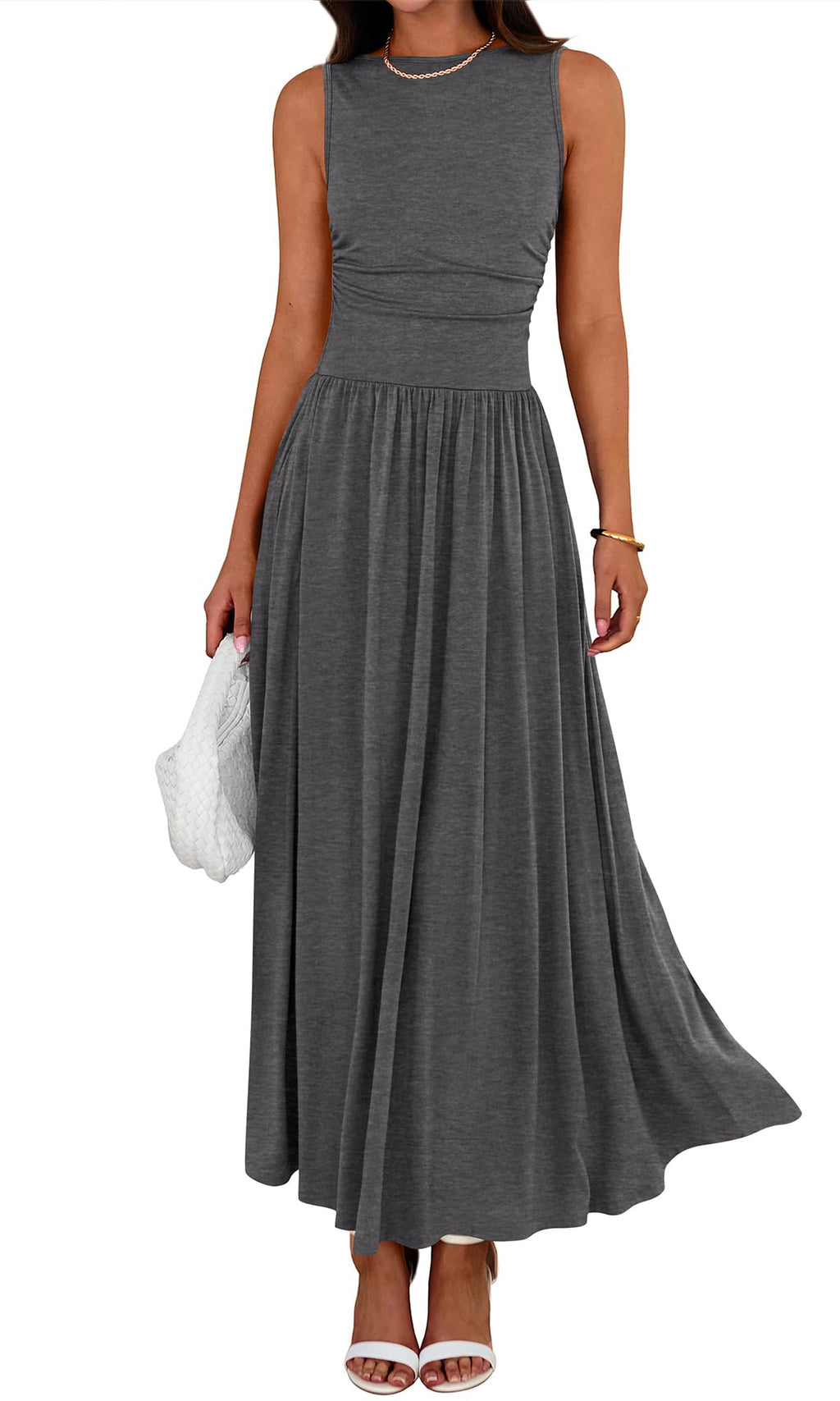 BTFBM Summer Maxi Dresses for Women Spring Sleeveless Casual Ruched High Waisted Long Sundress Flowy Beach Dress